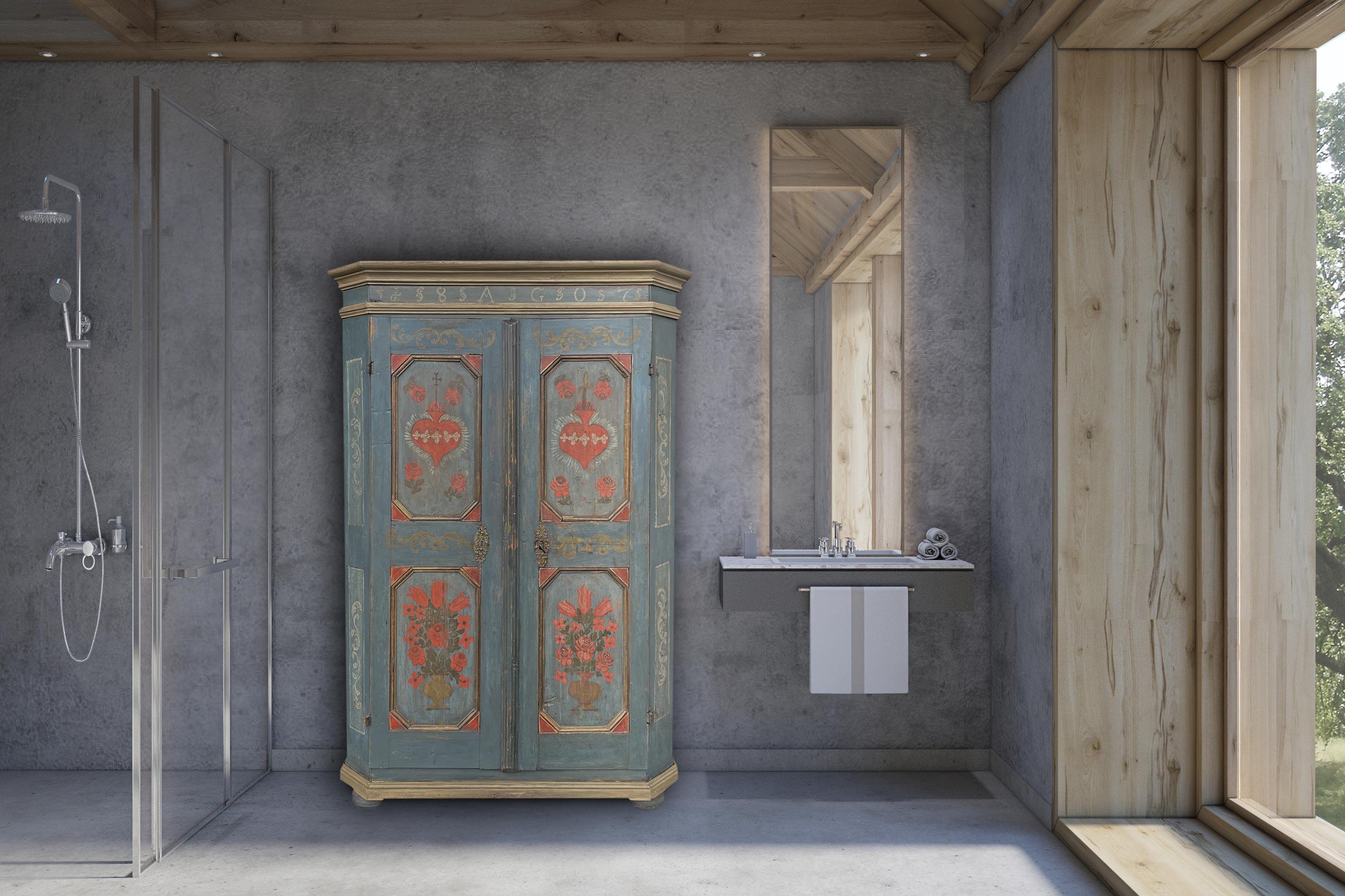 1807 Blauer, geblümt bemalter Tiroler Kleiderschrank mit zwei Türen (Neoklassisch) im Angebot