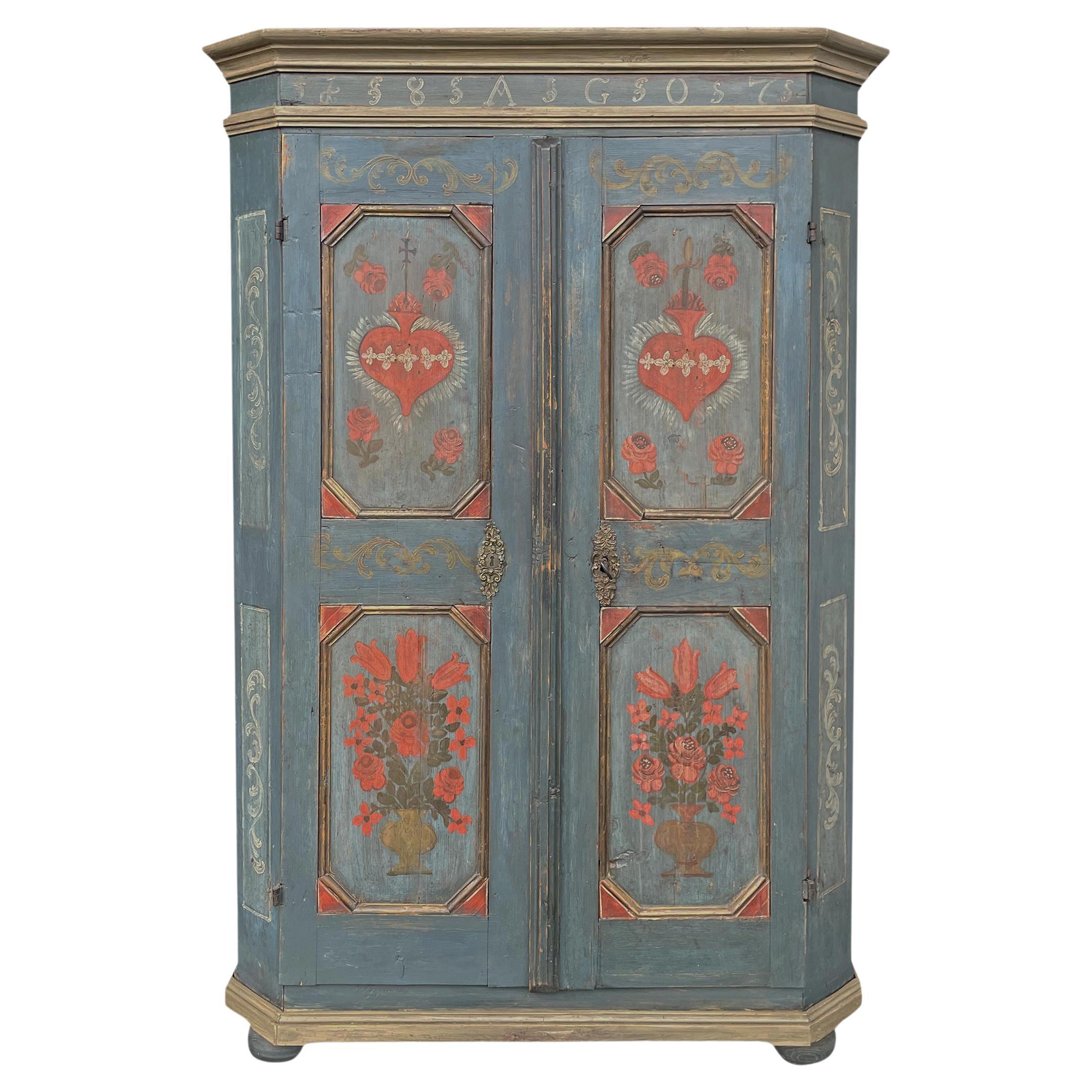 1807 Blue Floral Painted Two Doors Tyrolean Wardrobe For Sale