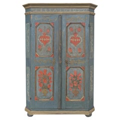 Antique 1807 Blue Floral Painted Two Doors Tyrolean Wardrobe