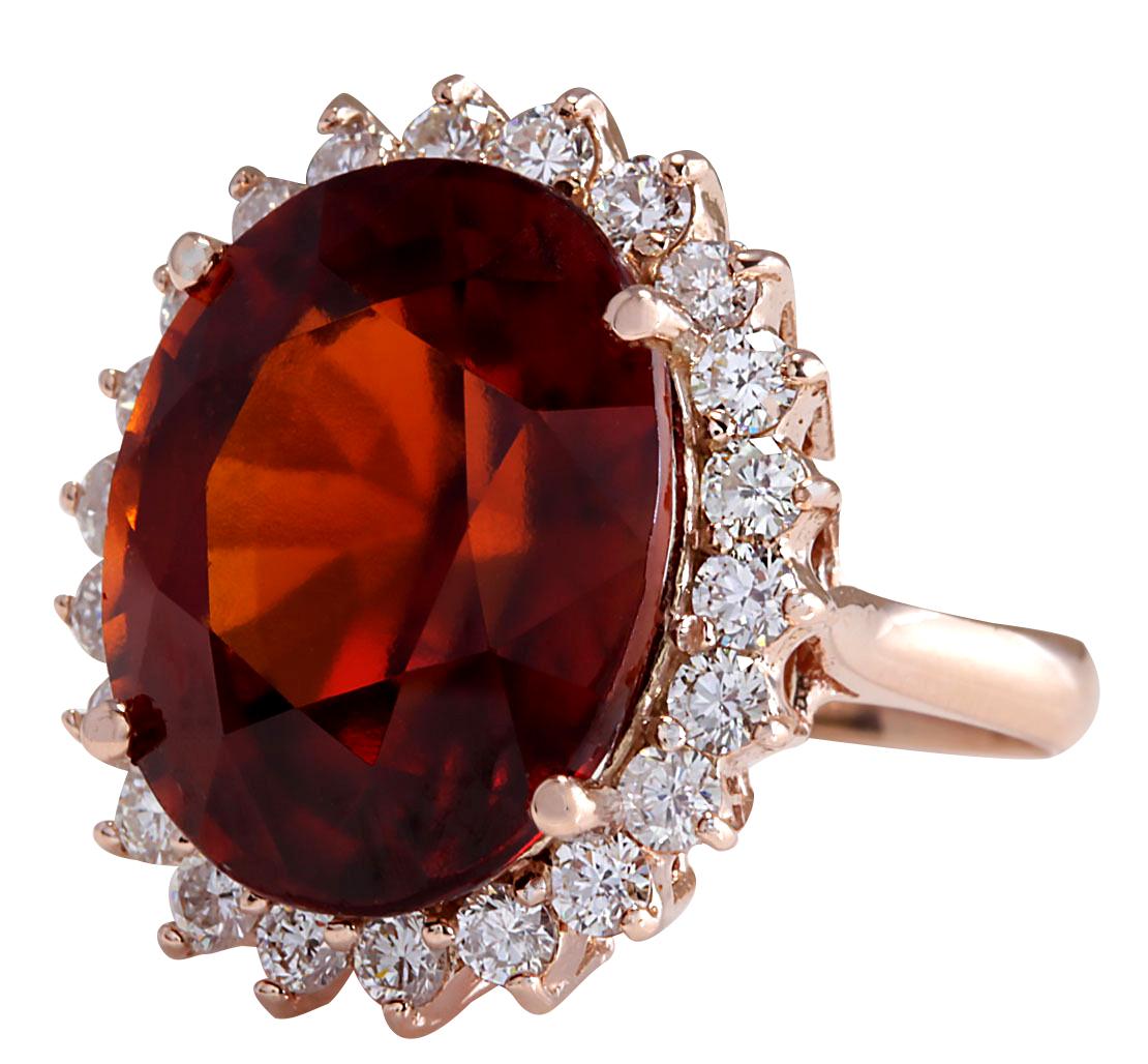 18.07 Carat Hessonite Garnet 14 Karat Rose Gold Diamond Ring
Stamped: 14K Rose Gold
Total Ring Weight: 5.5 Grams
Total  Hessonite Garnet Weight is 16.97 Carat (Measures: 16.00x12.00 mm)
Color: Red
Total  Diamond Weight is 1.10 Carat
Color: F-G,