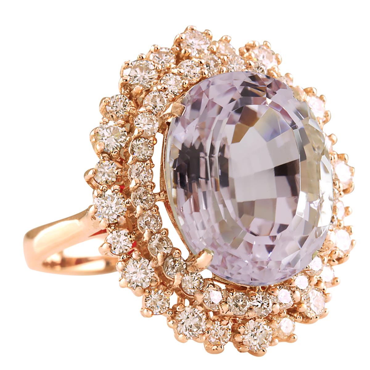 Presenting our exquisite 14K Yellow Gold Diamond Ring featuring a captivating 18.07 Carat Kunzite centerpiece. Crafted meticulously, this ring weighs 10.8 grams and showcases a magnificent 15.87 Carat Kunzite (16.00x12.00 mm) complemented by 2.20