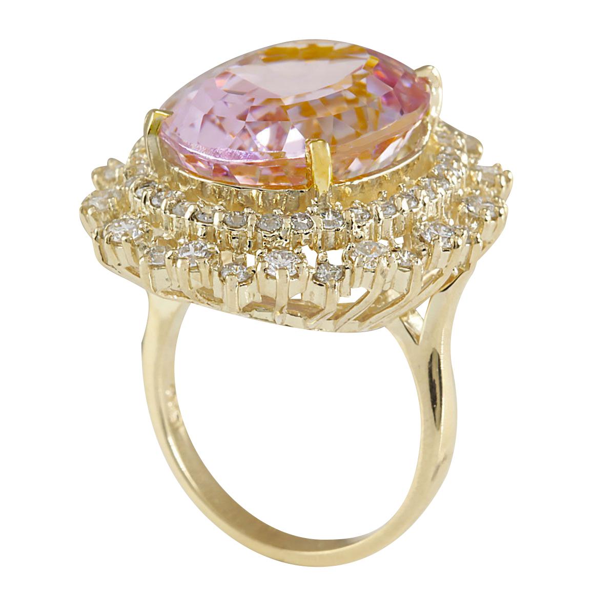 Modern Delicate Natural Kunzite Diamond Ring In 14 Karat Yellow Gold  For Sale
