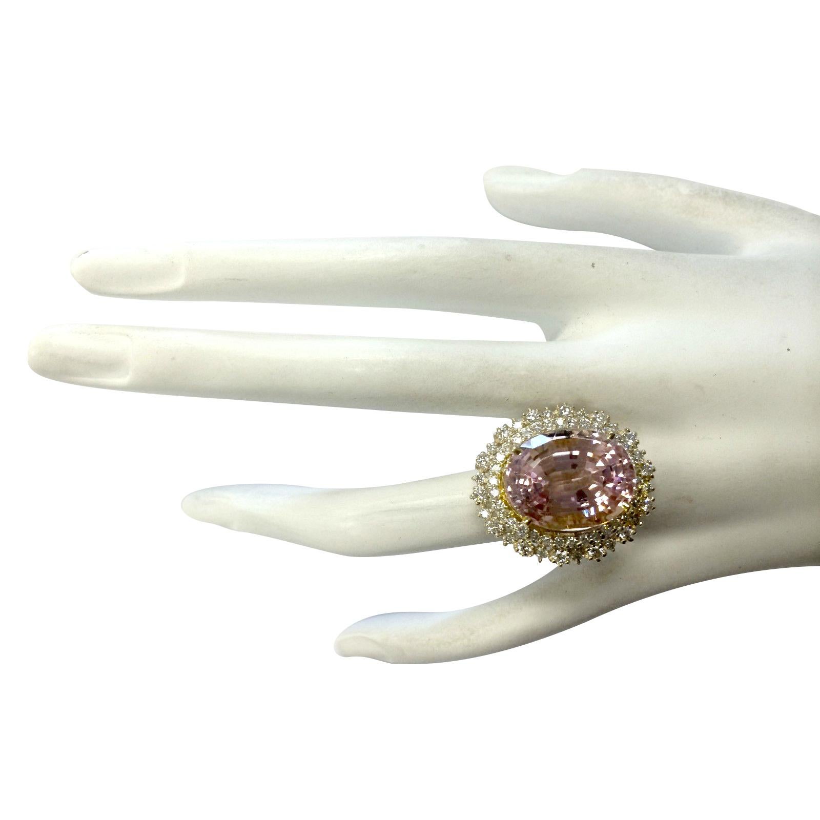 Oval Cut Delicate Natural Kunzite Diamond Ring In 14 Karat Yellow Gold  For Sale