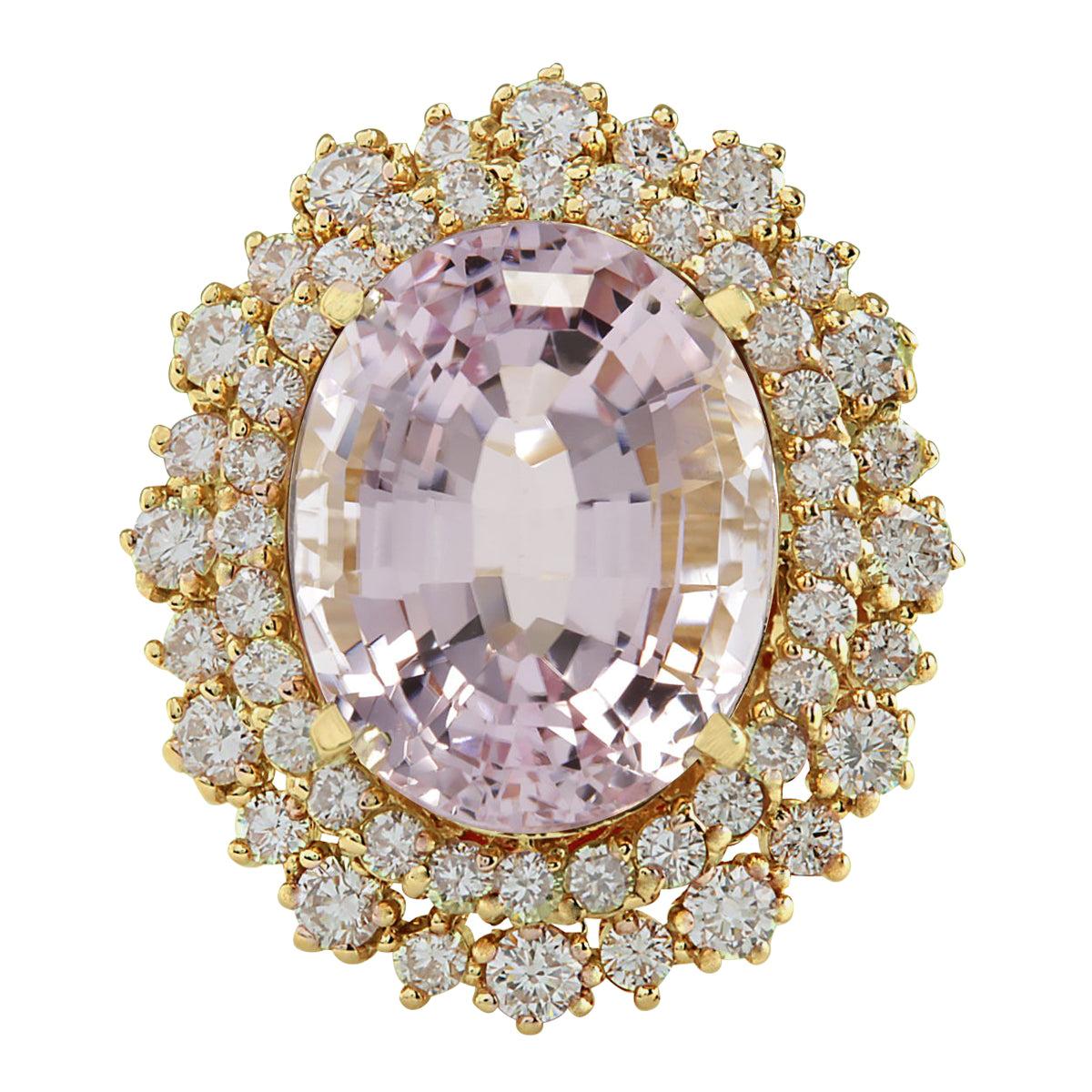 Delicate Natural Kunzite Diamond Ring In 14 Karat Yellow Gold  For Sale