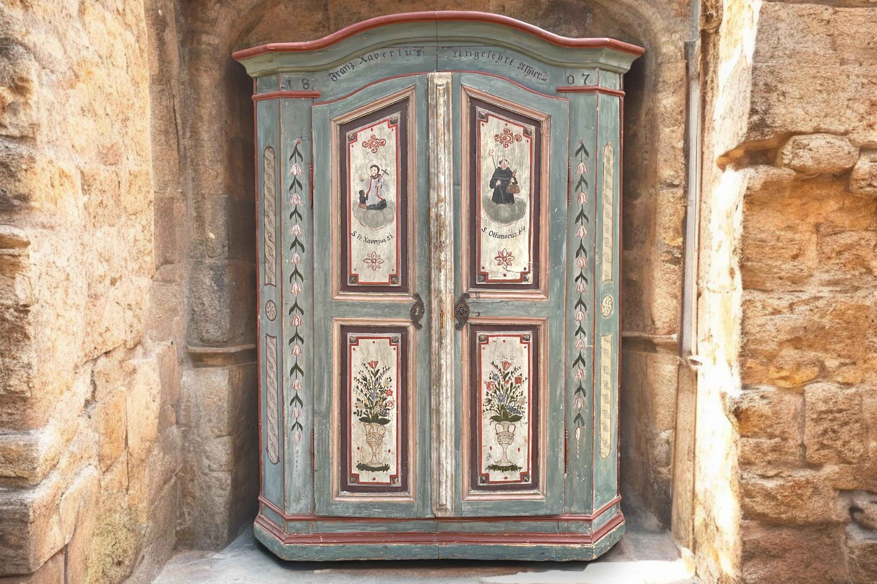 1807 Light Blue Floral Painted Alpine Cabinet 8