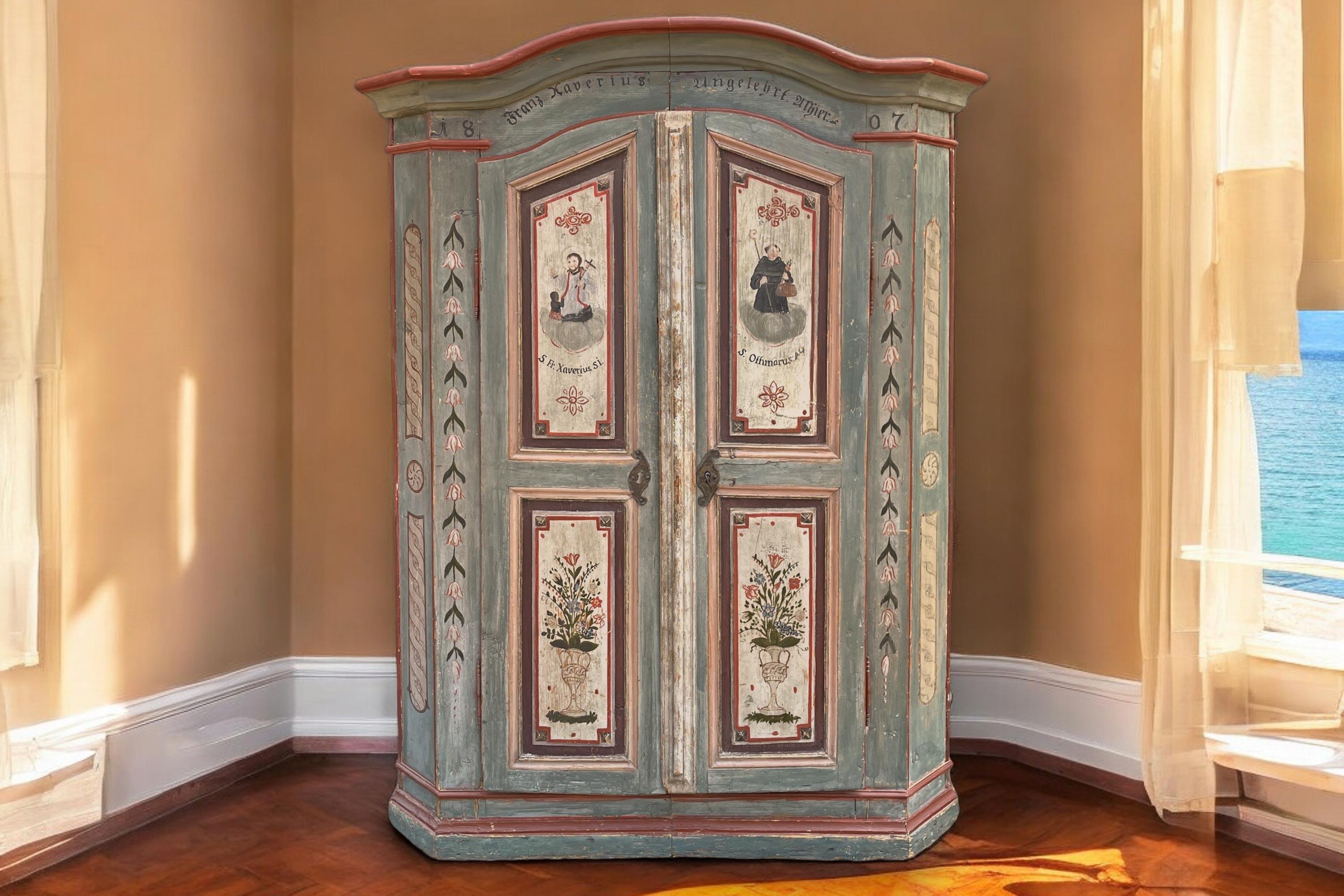 1807 Light Blue Floral Painted Alpine Cabinet 9