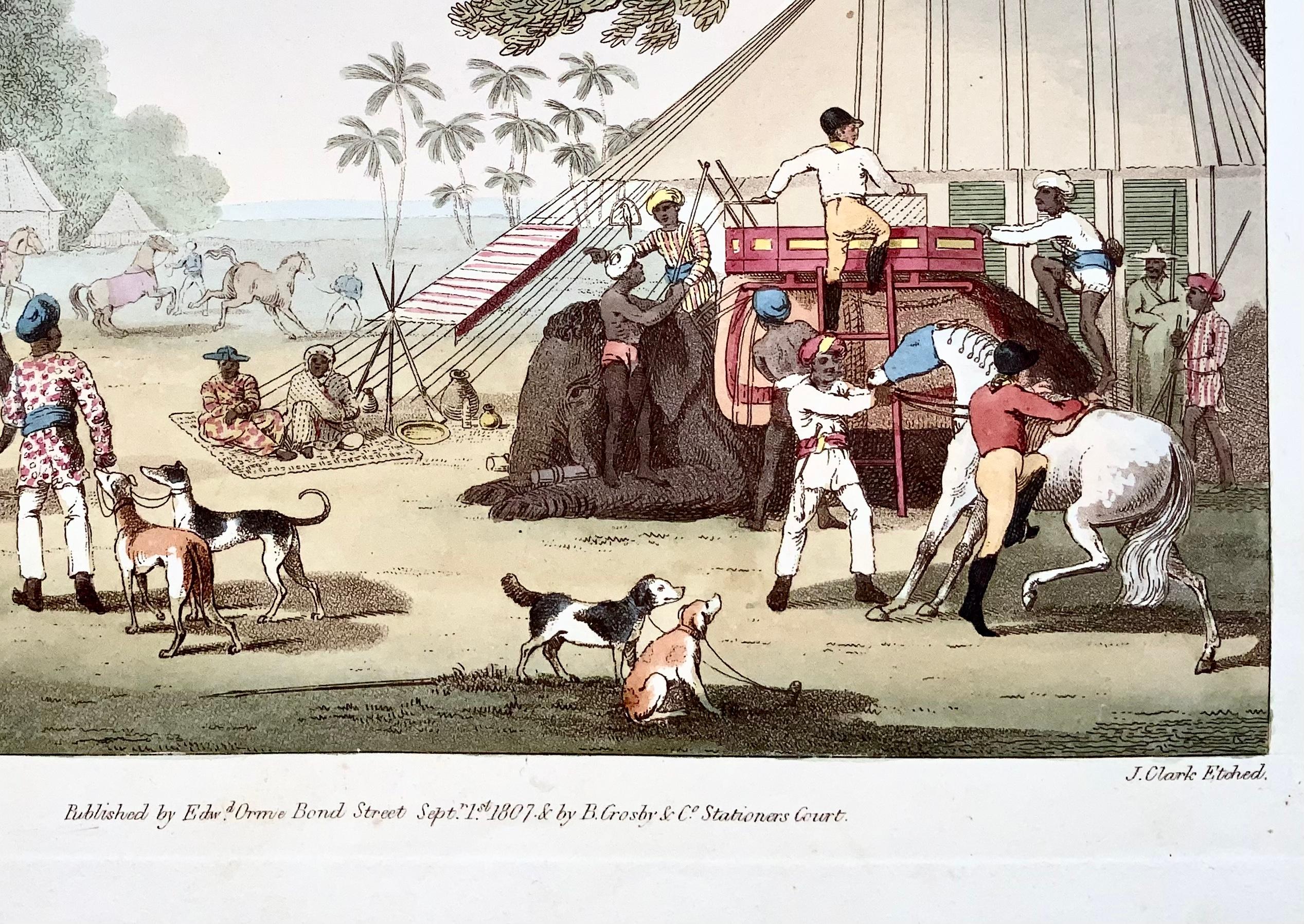 English 1807 Th. Williamson, Preparations for a Tiger Hunt, hand coloured aquatint For Sale