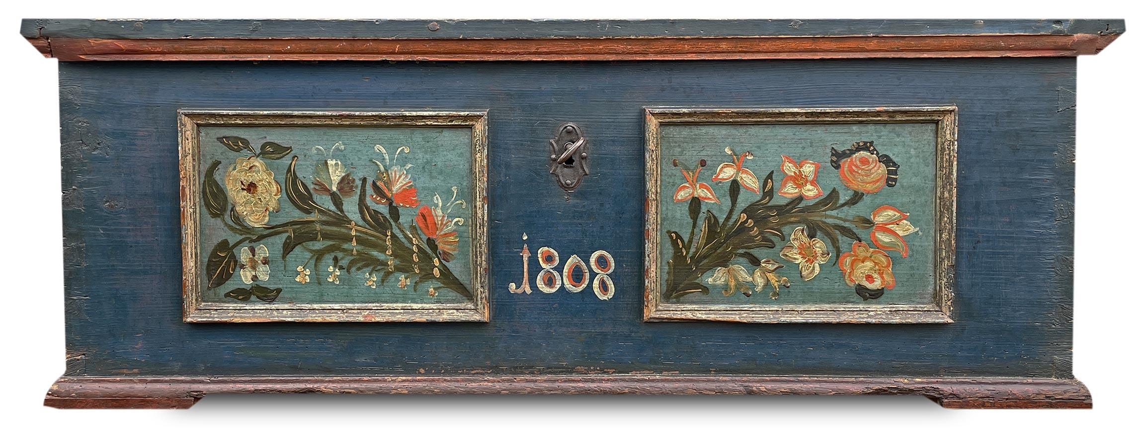 Folk Art 1808 Blu Floral Painted Blanket Chest