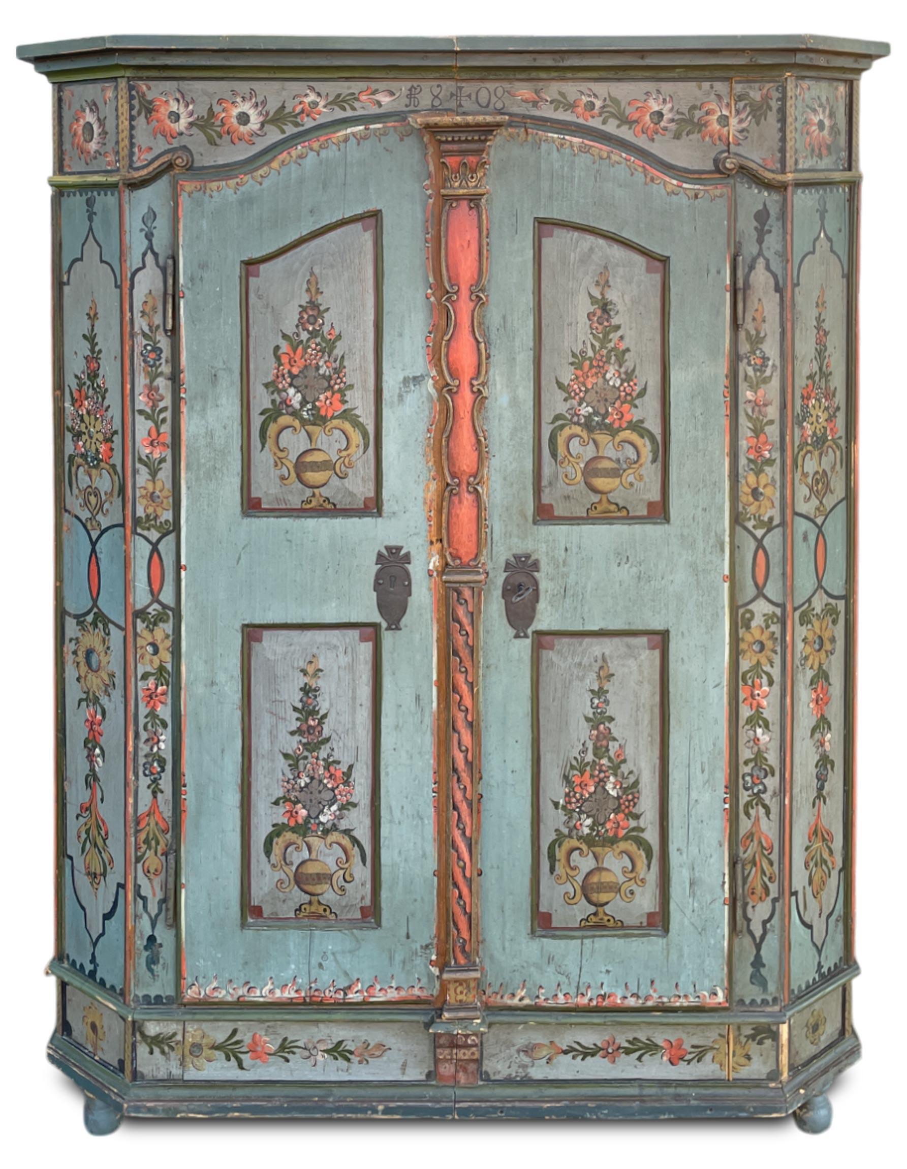 Painted Wardrobe dated 1808

Measurements: H. 173 cm – W. 128 (140 to the frames) cm – D. 50 (55 to the frames) cm
Period: 1808
Origin: Tyrol
Wood: Fir

Description

Beautiful painted wardrobe, with two doors, entirely painted in blue.
On the doors