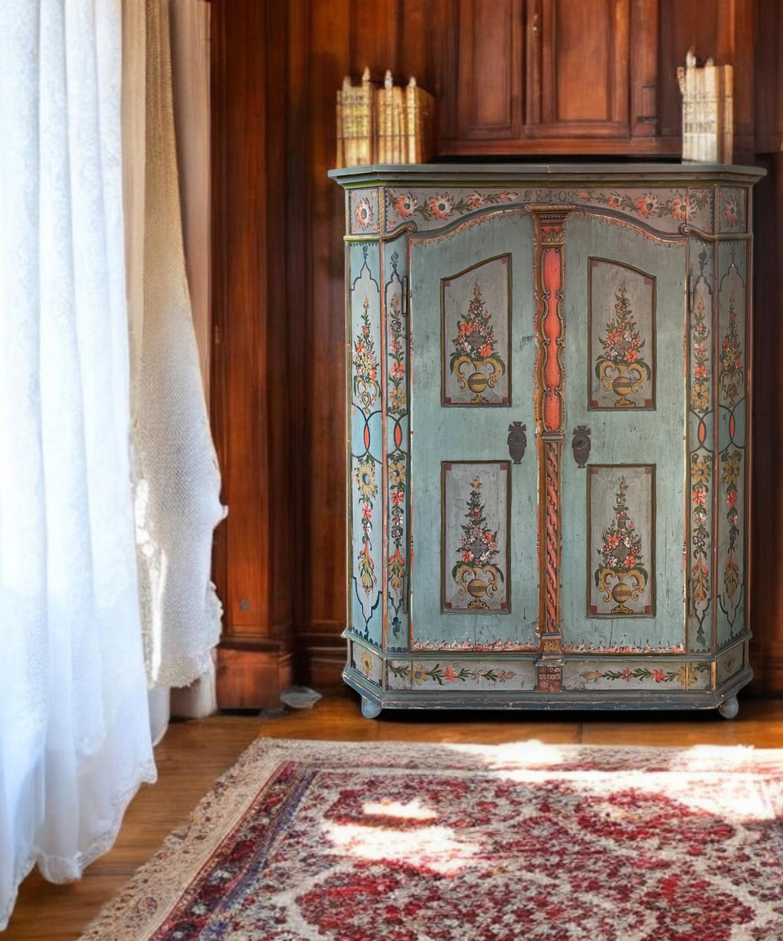Hand-Carved 1808 Blue Floral Painted Two Doors Cabinet