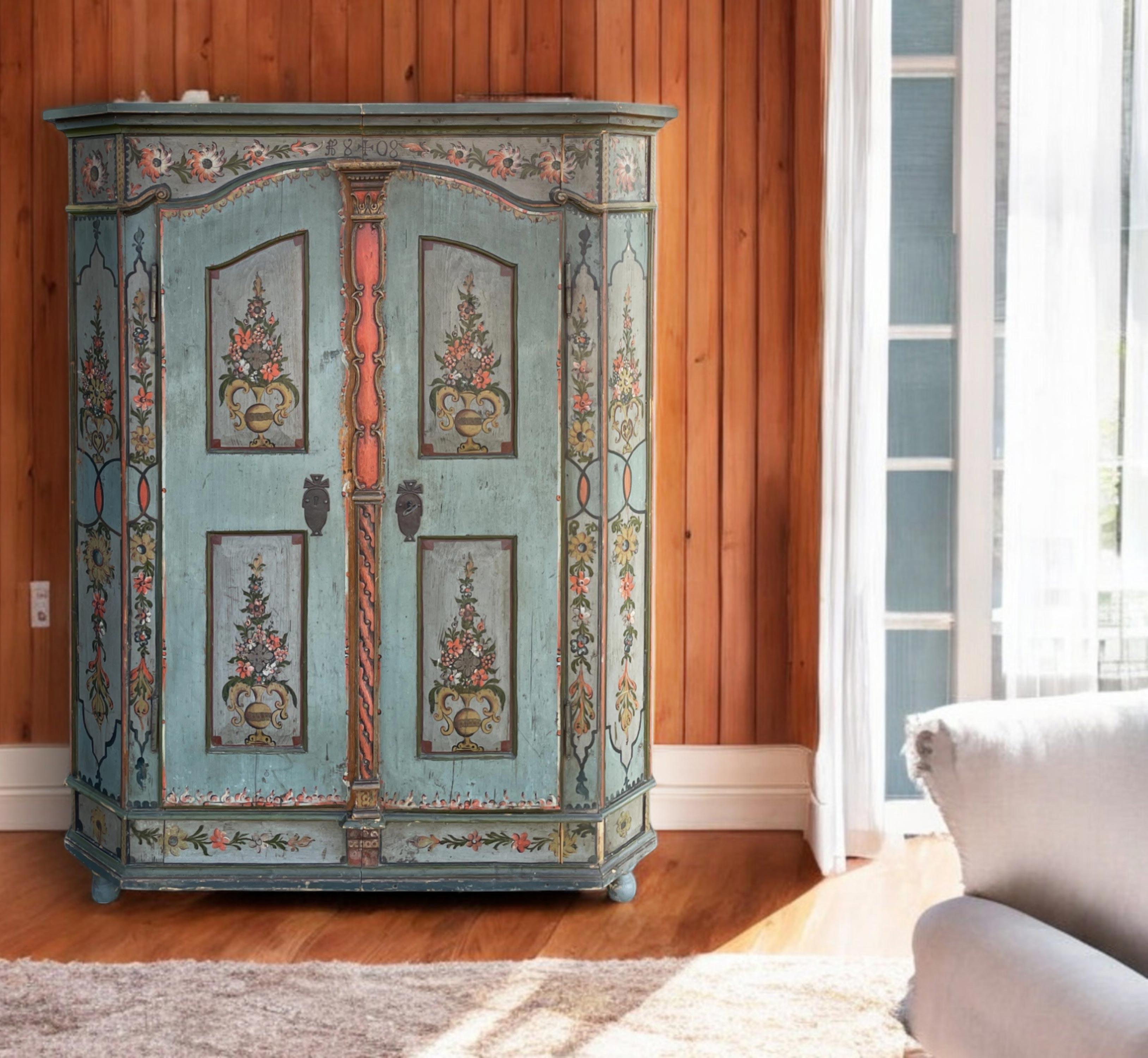 1808 Blue Floral Painted Two Doors Cabinet In Good Condition In Vo', Veneto