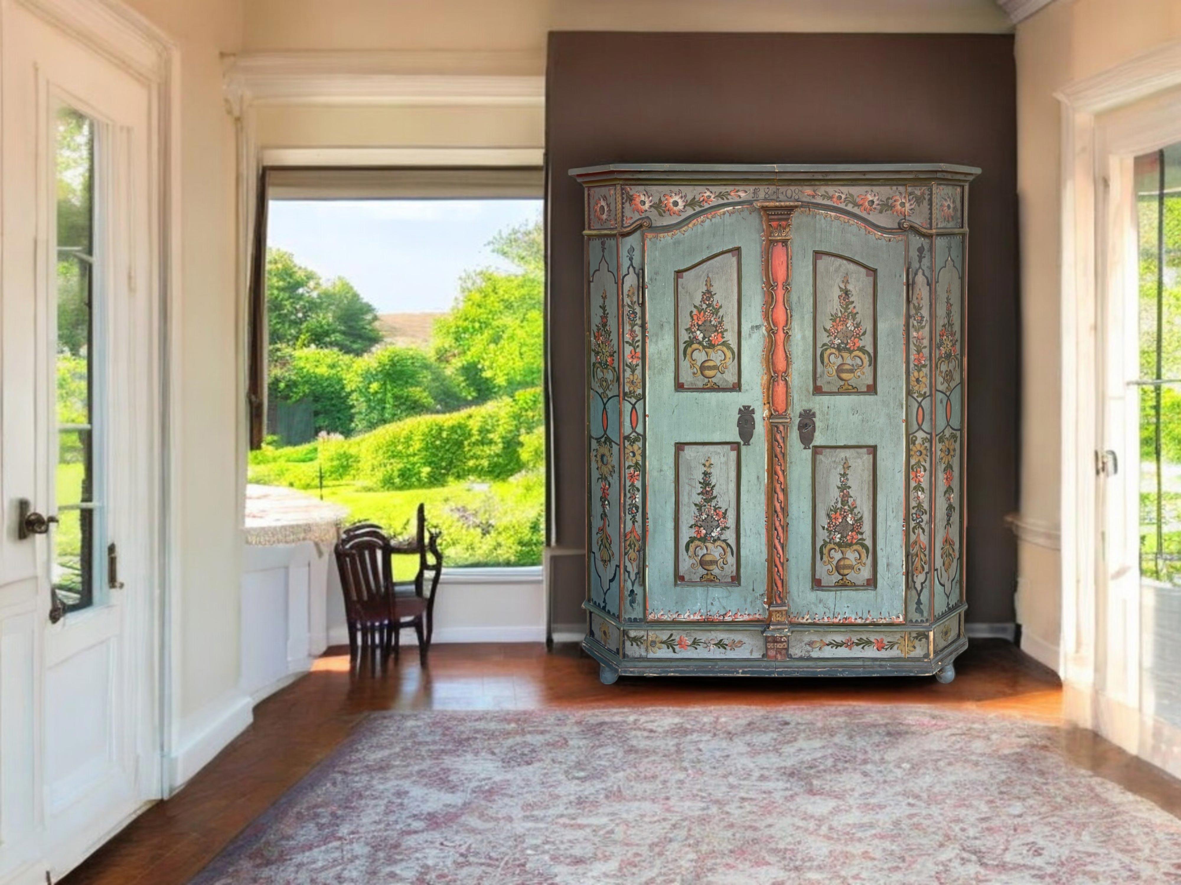 Early 19th Century 1808 Blue Floral Painted Two Doors Cabinet