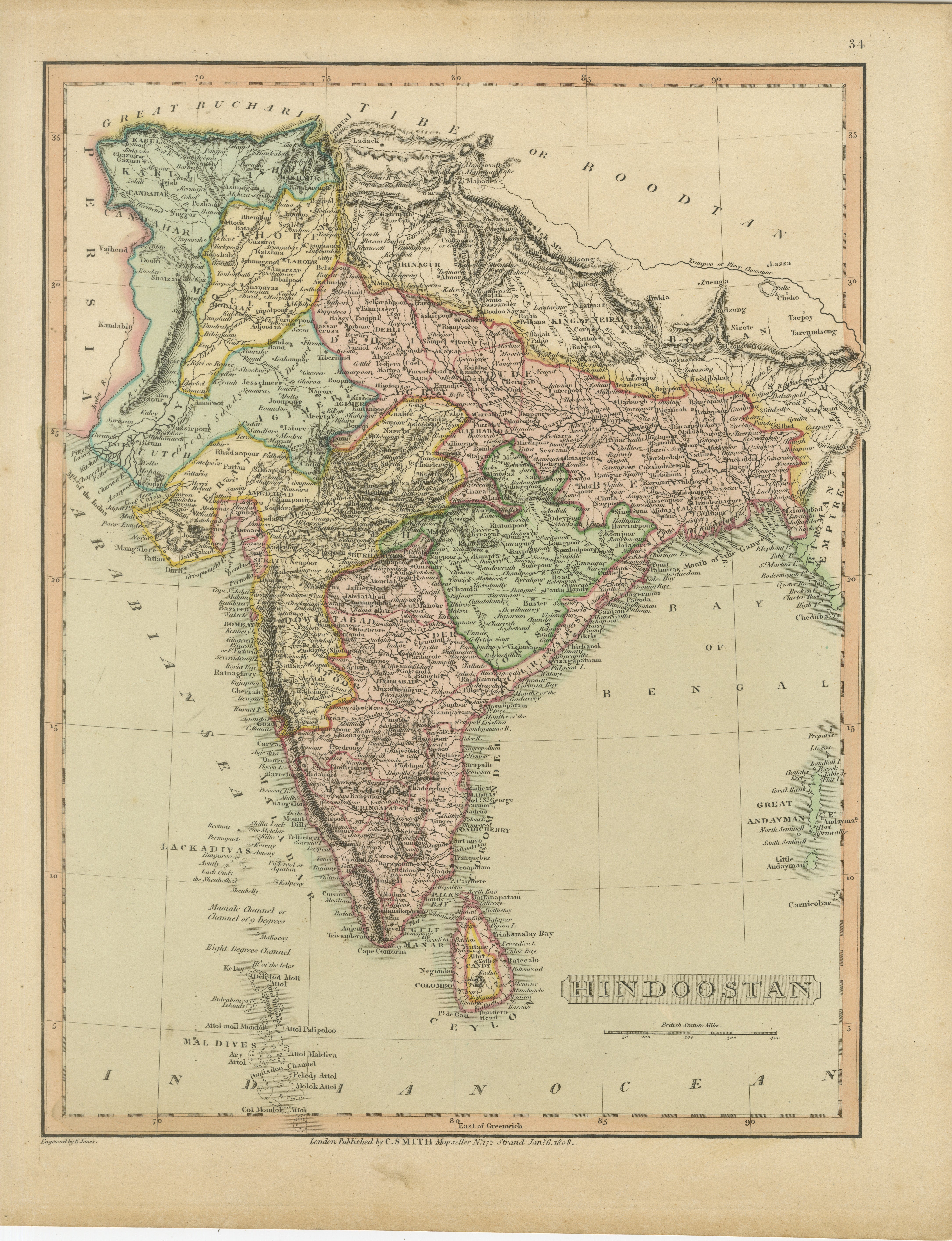 Titolo: Mappa dell'Indostan del 1808 di A.I.C. - India Britannica con dettagli intricati

Questa mappa, intitolata 