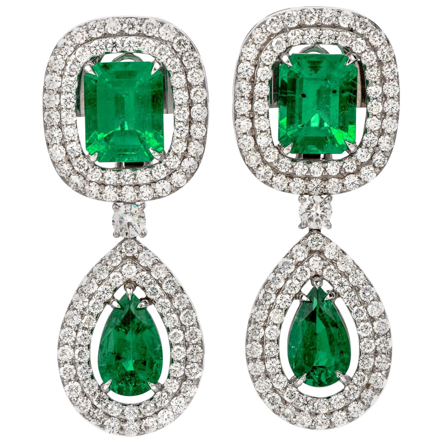 18.08 Carat Diamond Colombian Emerald 18 Karat Gold Halo Drop Earrings