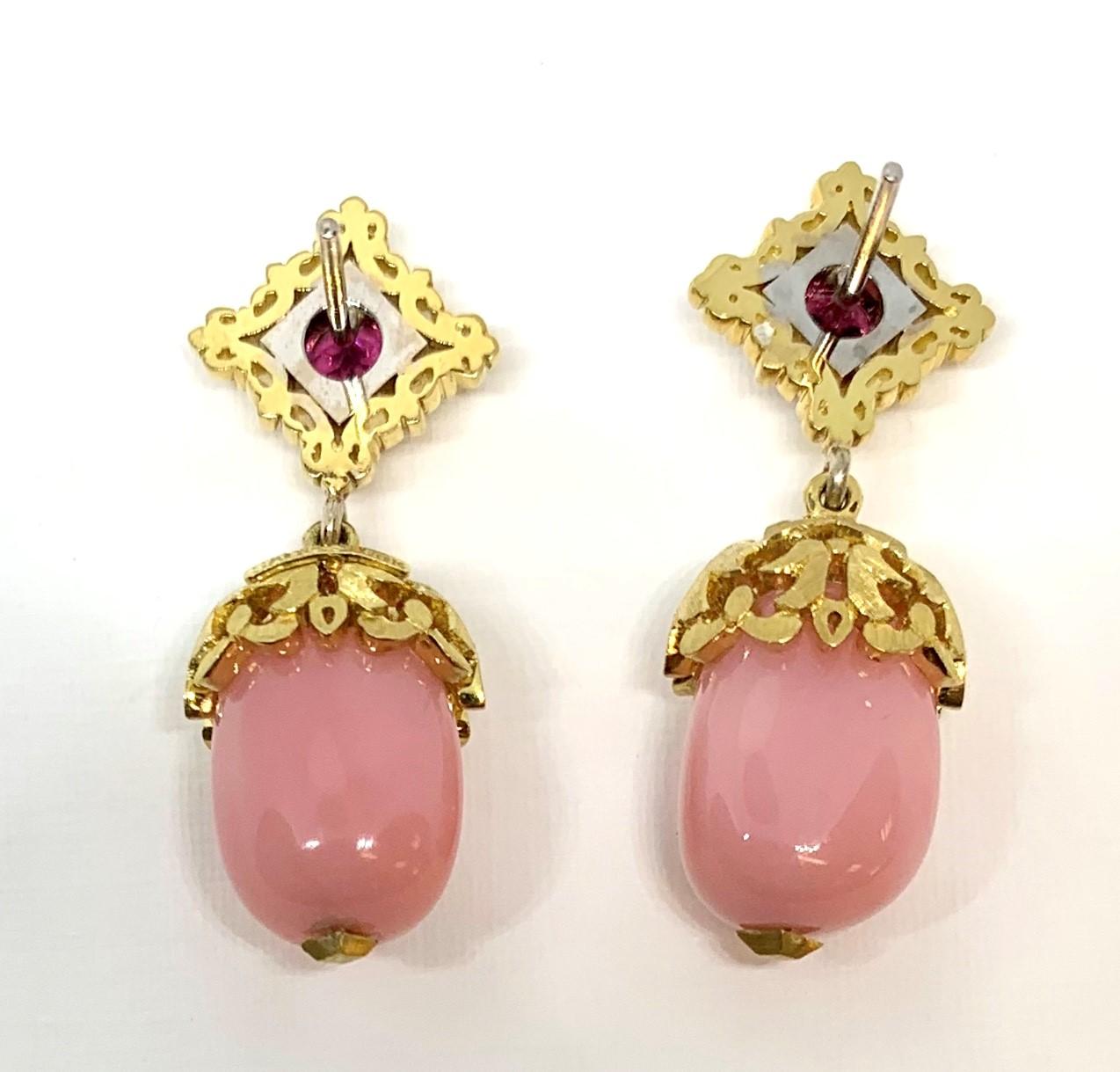 Artisan Peruvian Opal and  Rhodolite Garnet 18 Karat Yellow Gold Dangle Earrings