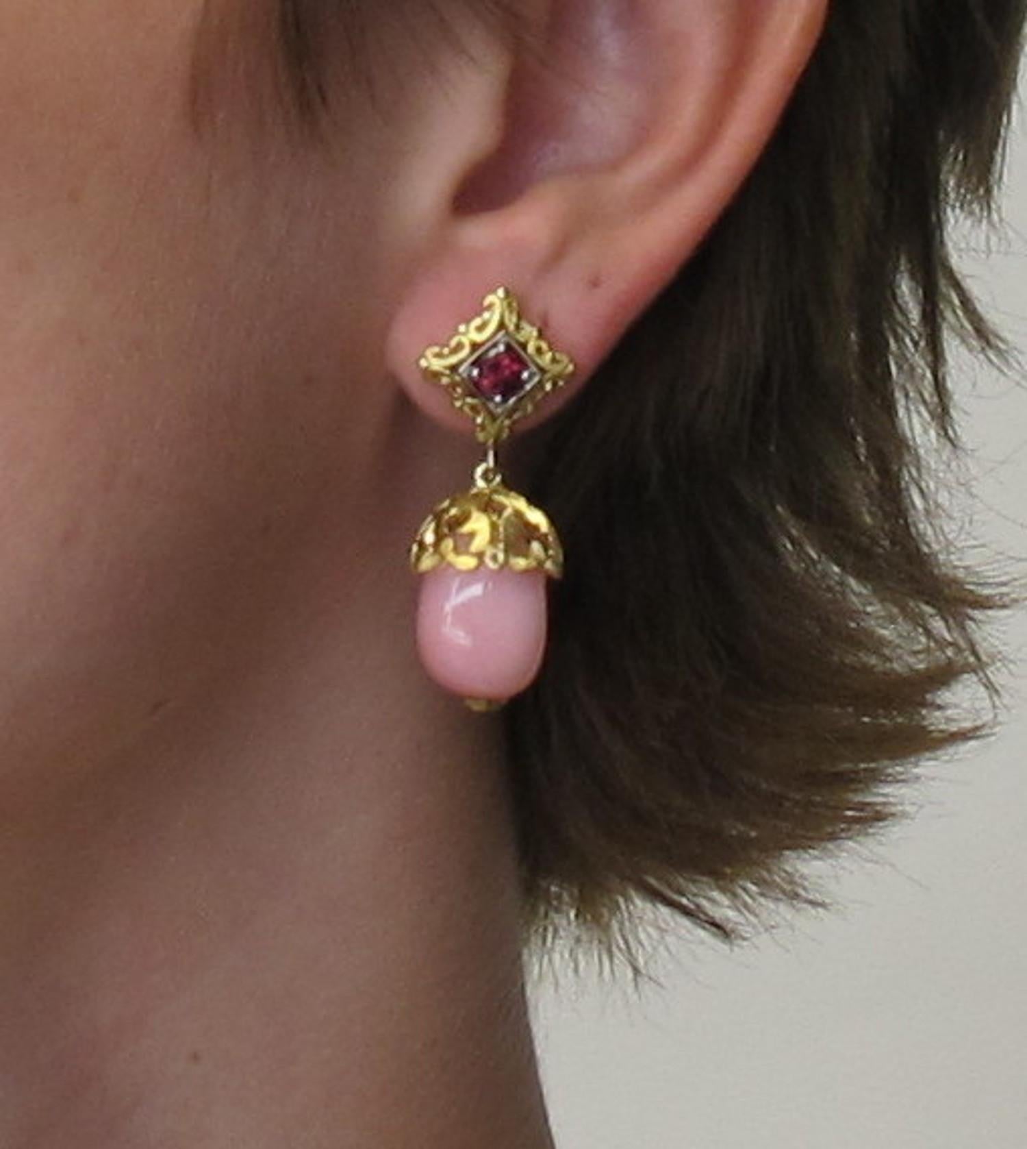 Peruvian Opal and  Rhodolite Garnet 18 Karat Yellow Gold Dangle Earrings 1