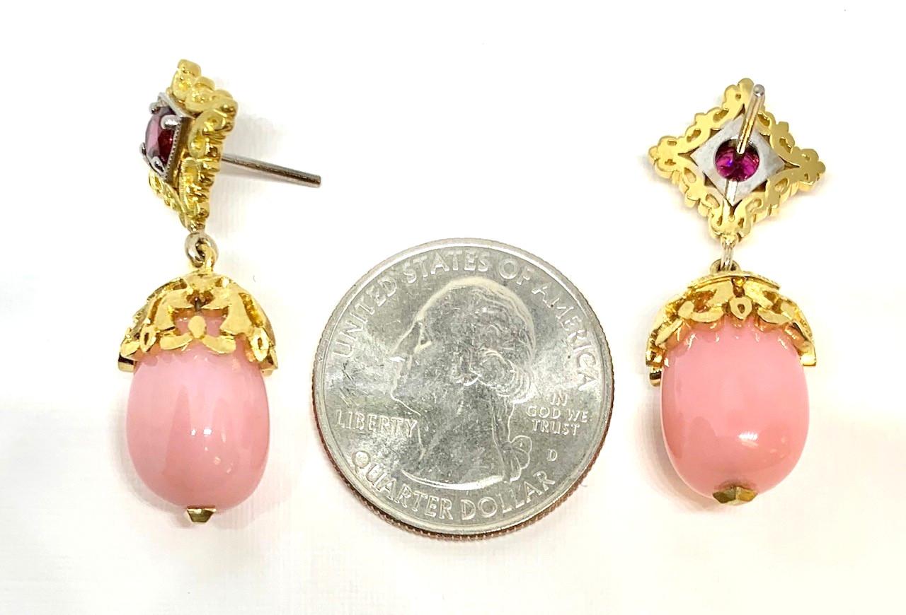 Oval Cut Peruvian Opal and  Rhodolite Garnet 18 Karat Yellow Gold Dangle Earrings