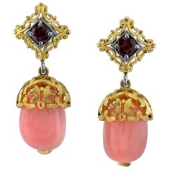 Peruvian Opal and  Rhodolite Garnet 18 Karat Yellow Gold Dangle Earrings
