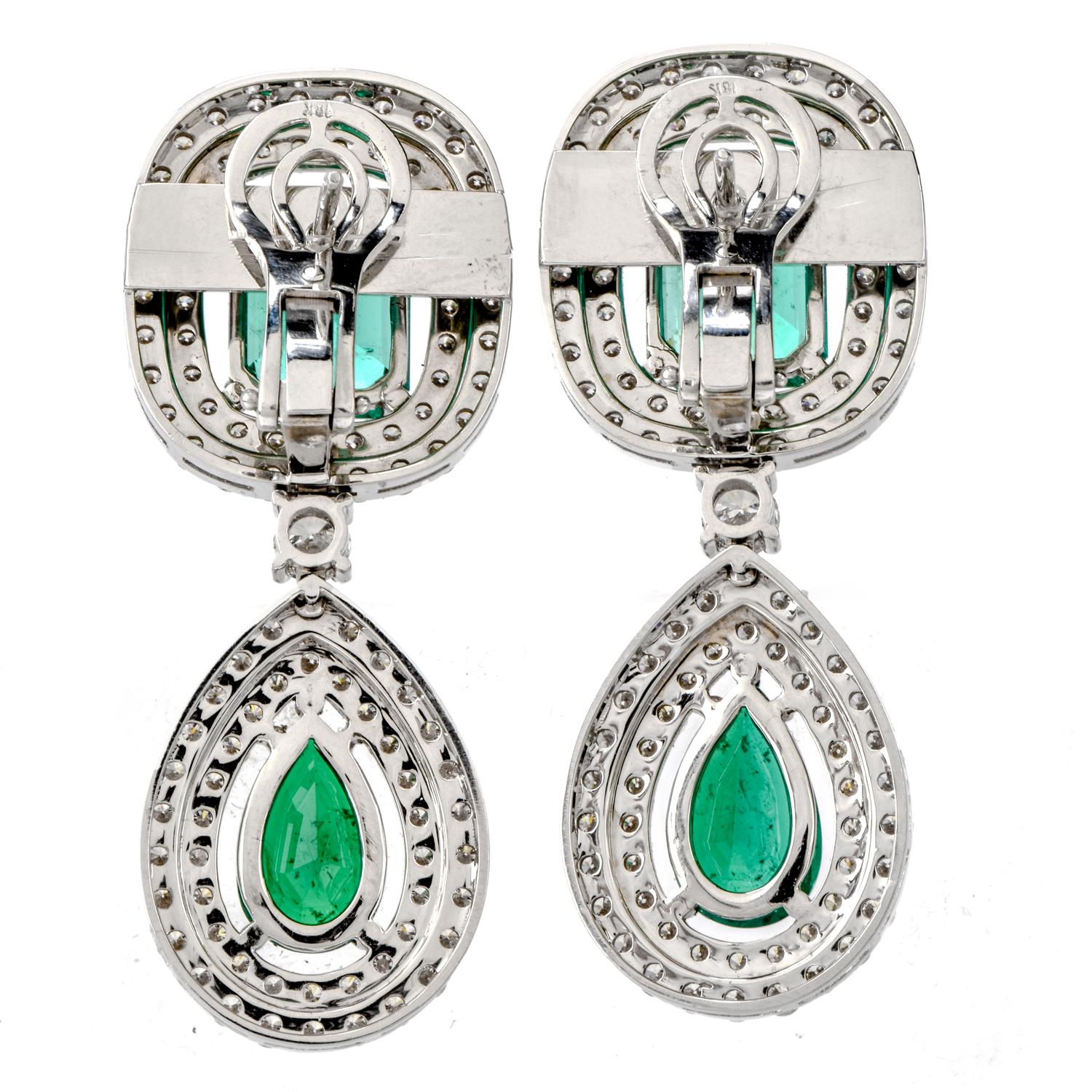 Modern 18.08 Carat Diamond Colombian Emerald 18 Karat Gold Halo Drop Earrings For Sale