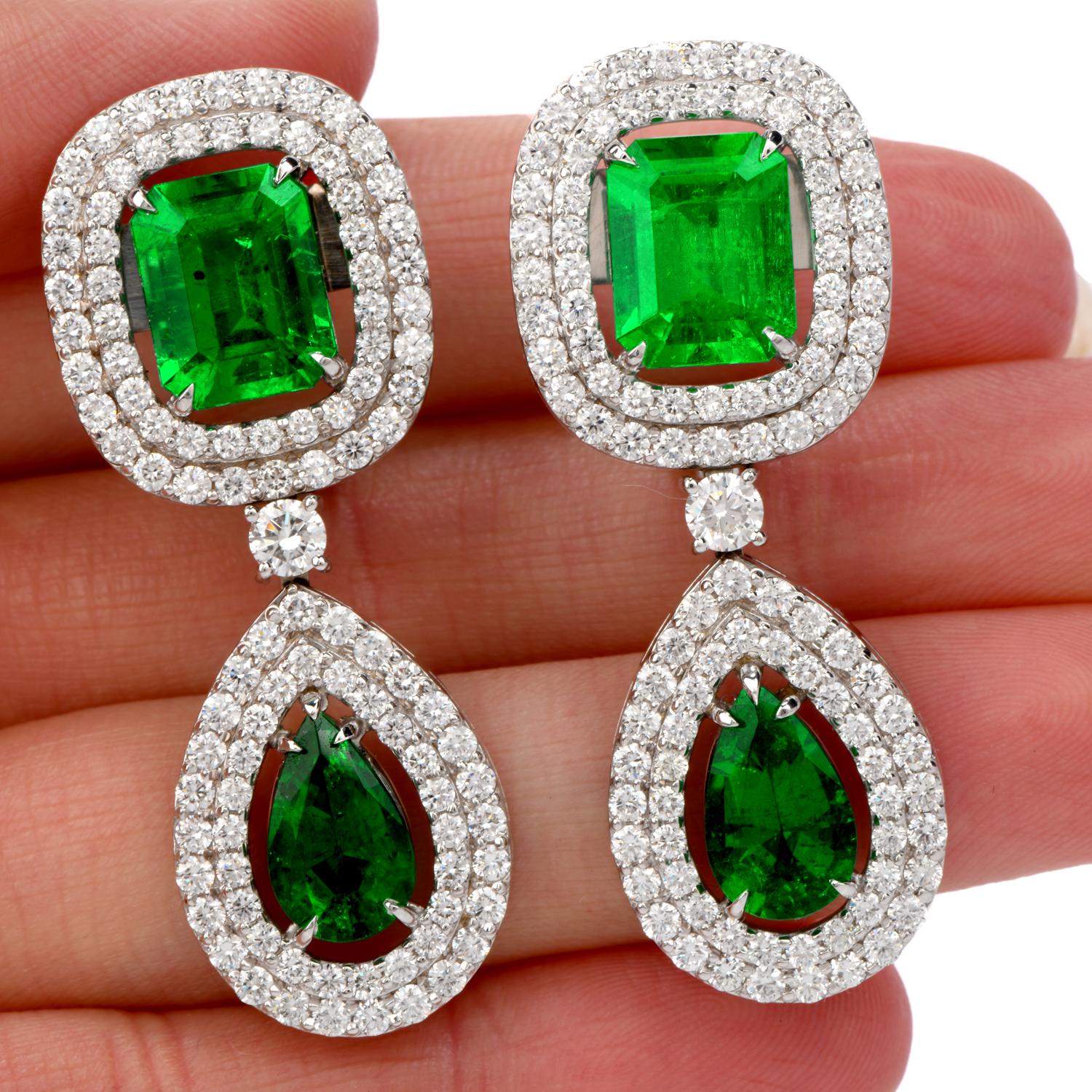 Emerald Cut 18.08 Carat Diamond Colombian Emerald 18 Karat Gold Halo Drop Earrings For Sale