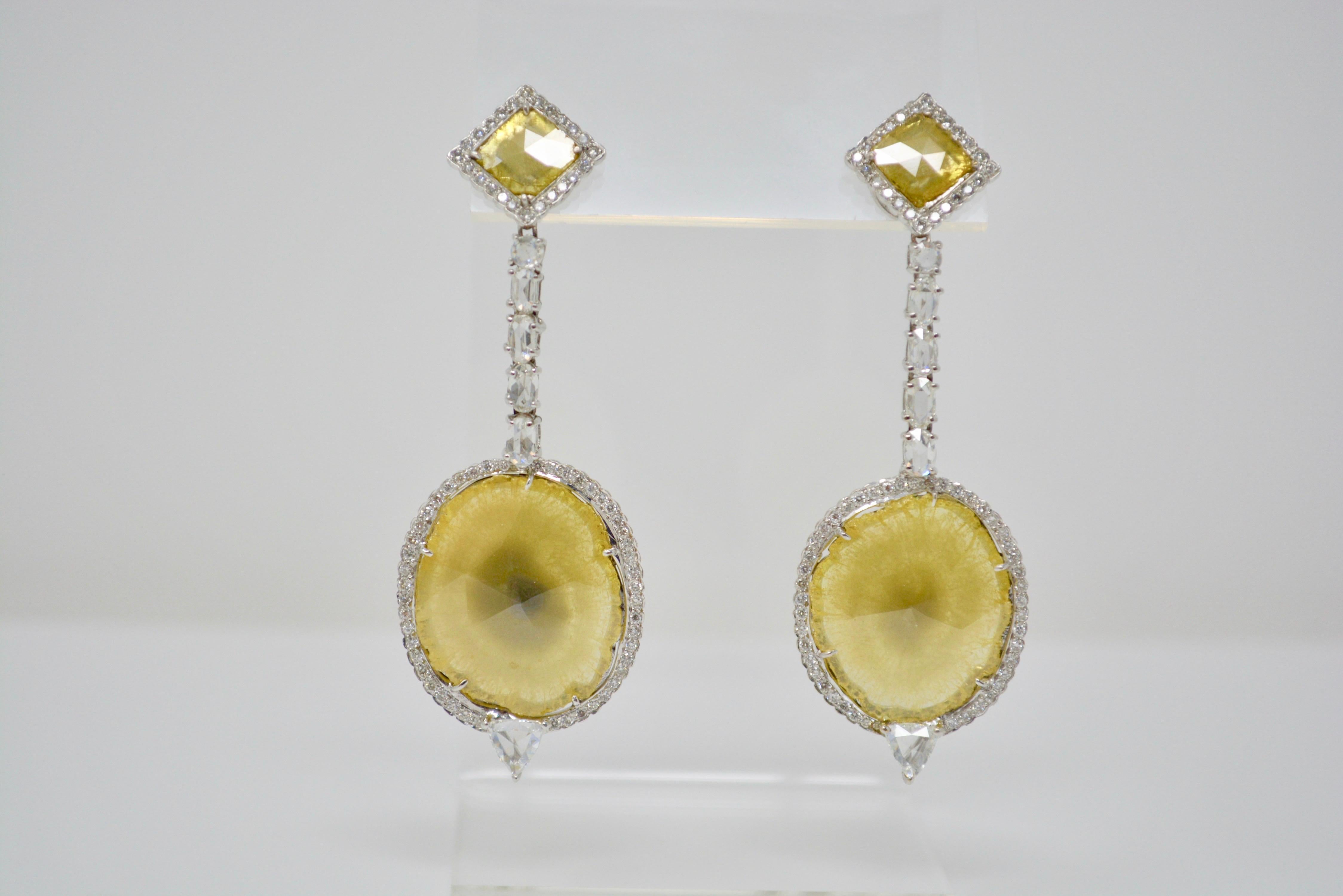 18.09 Carat Natural Yellow Slice Diamond and White Diamond Earrings For Sale 2