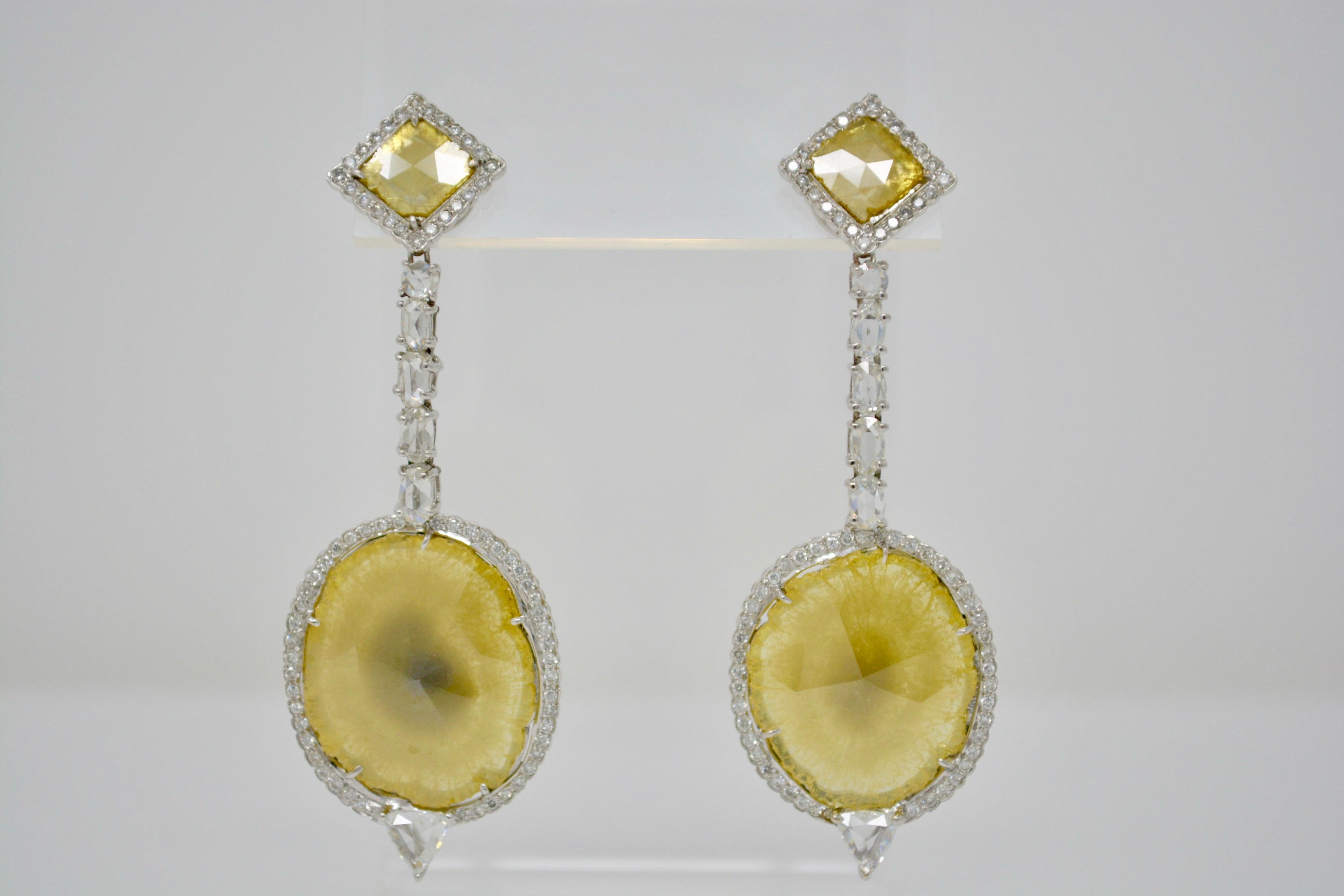 18.09 Carat Natural Yellow Slice Diamond and White Diamond Earrings For Sale 3