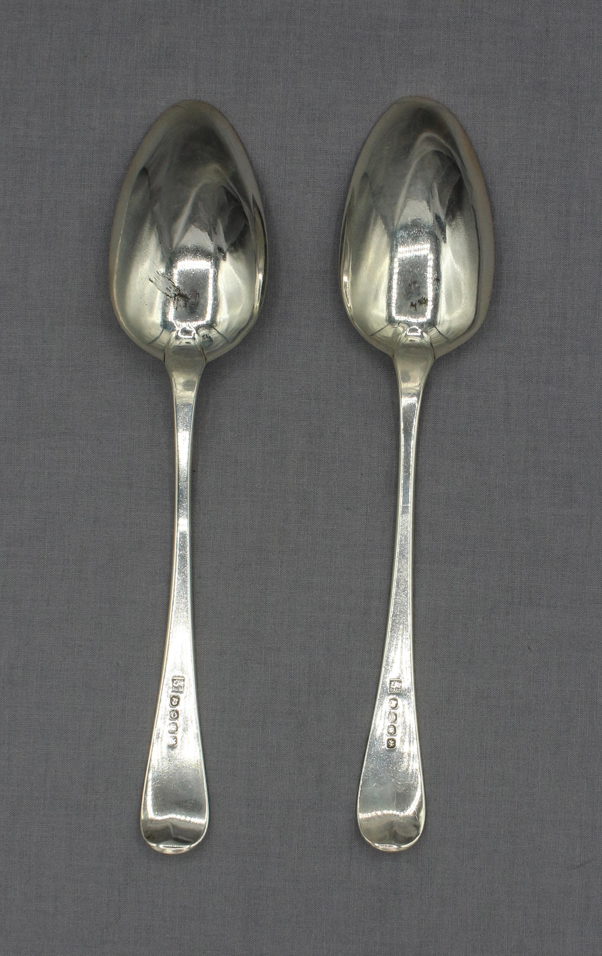 Pair of sterling silver tablespoons by Peter Bateman, London, 1809. Son of Hester Bateman. Possibly once monogrammed. 4.55 troy oz.
9 1/8