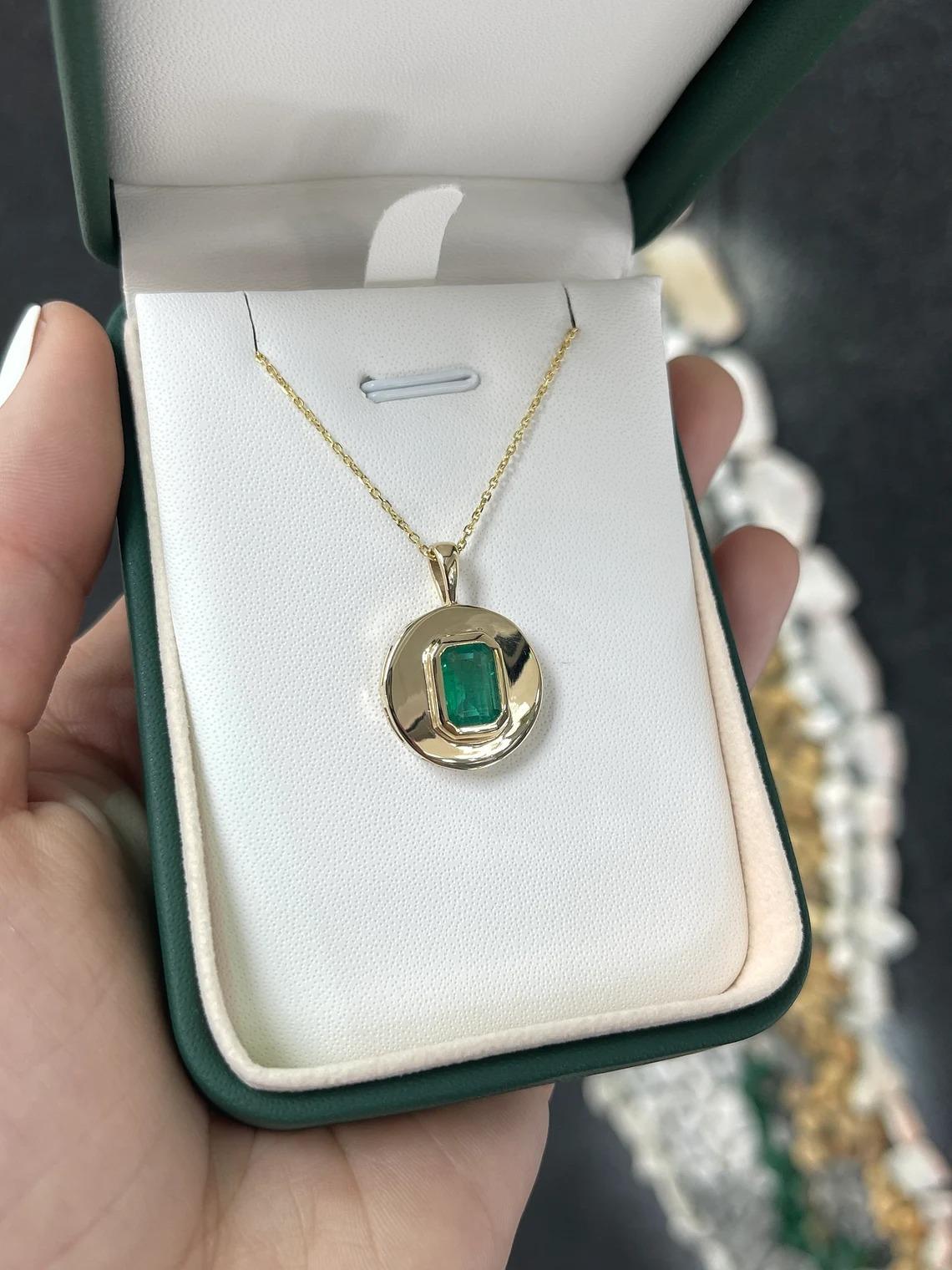 1.80ct 14K Natural Fine Quality Emerald Cut Emerald Bezel Set Solitaire Pendant  In New Condition For Sale In Jupiter, FL