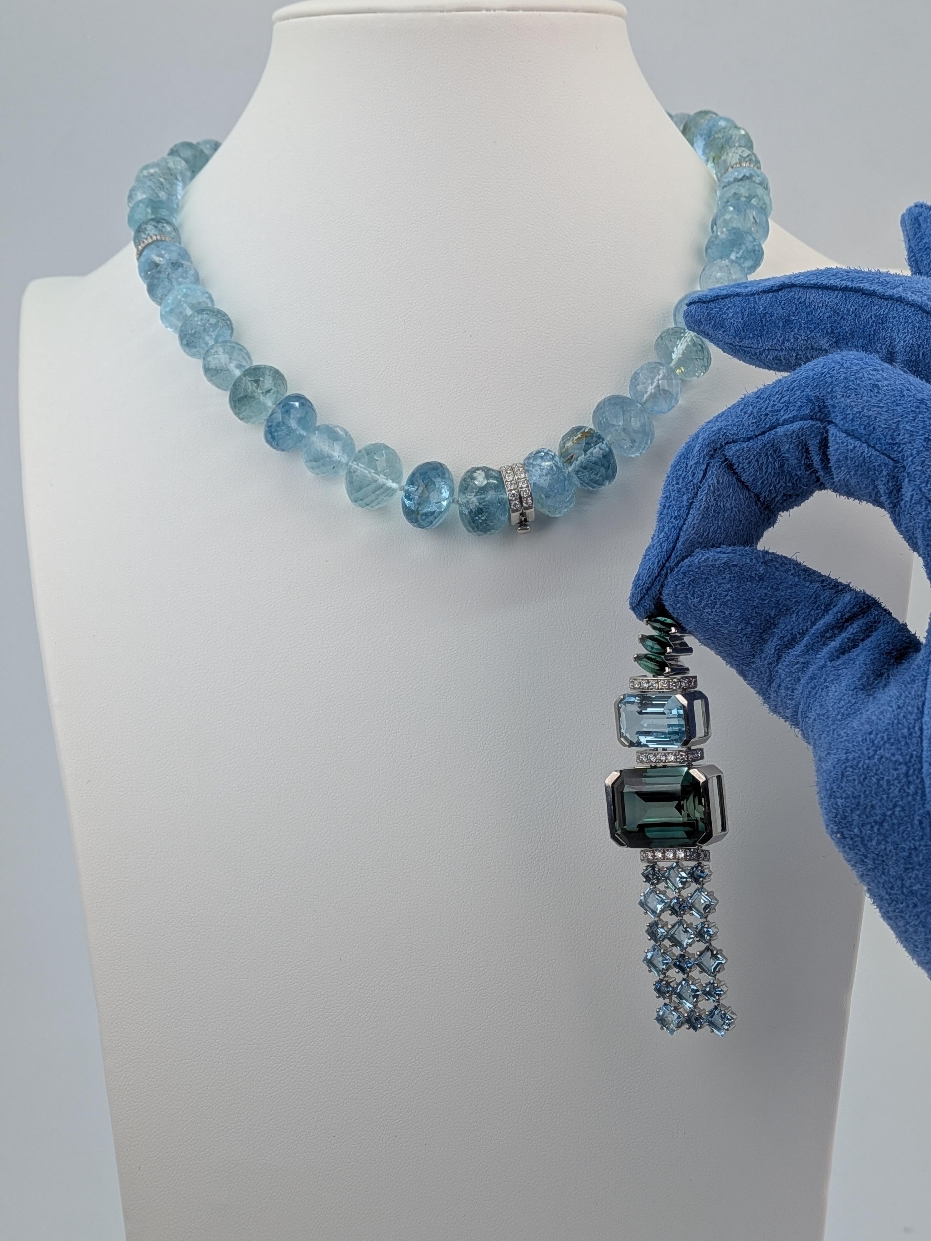 180ct Aquamarine Mala Necklace with Green Tourmaline Platinum Collier  MXHM For Sale 12
