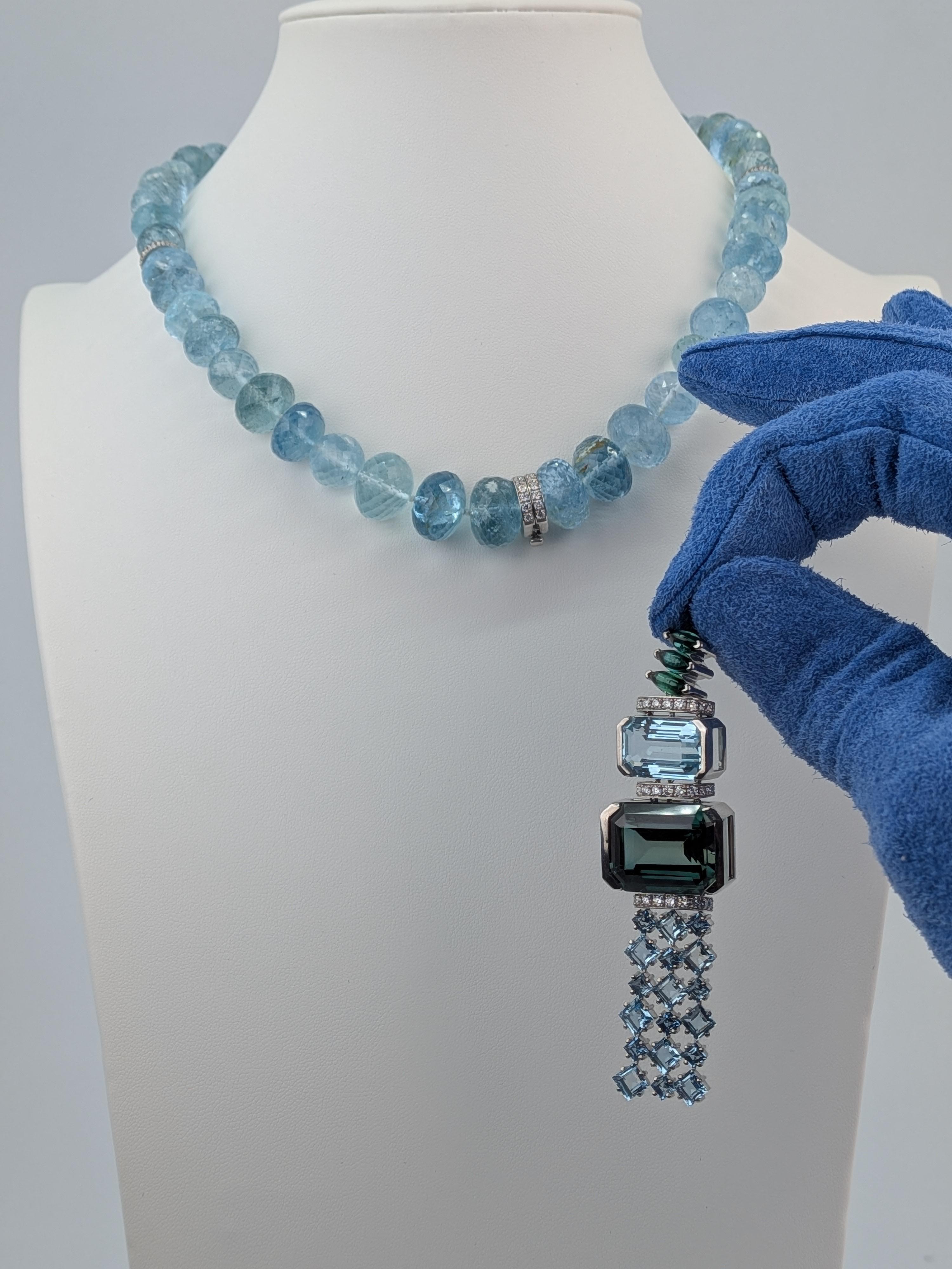 180ct Aquamarine Mala Necklace with Green Tourmaline Platinum Collier  MXHM For Sale 13