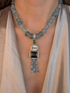 180ct Aquamarine Mala Necklace with Green Tourmaline Platinum Collier  MXHM