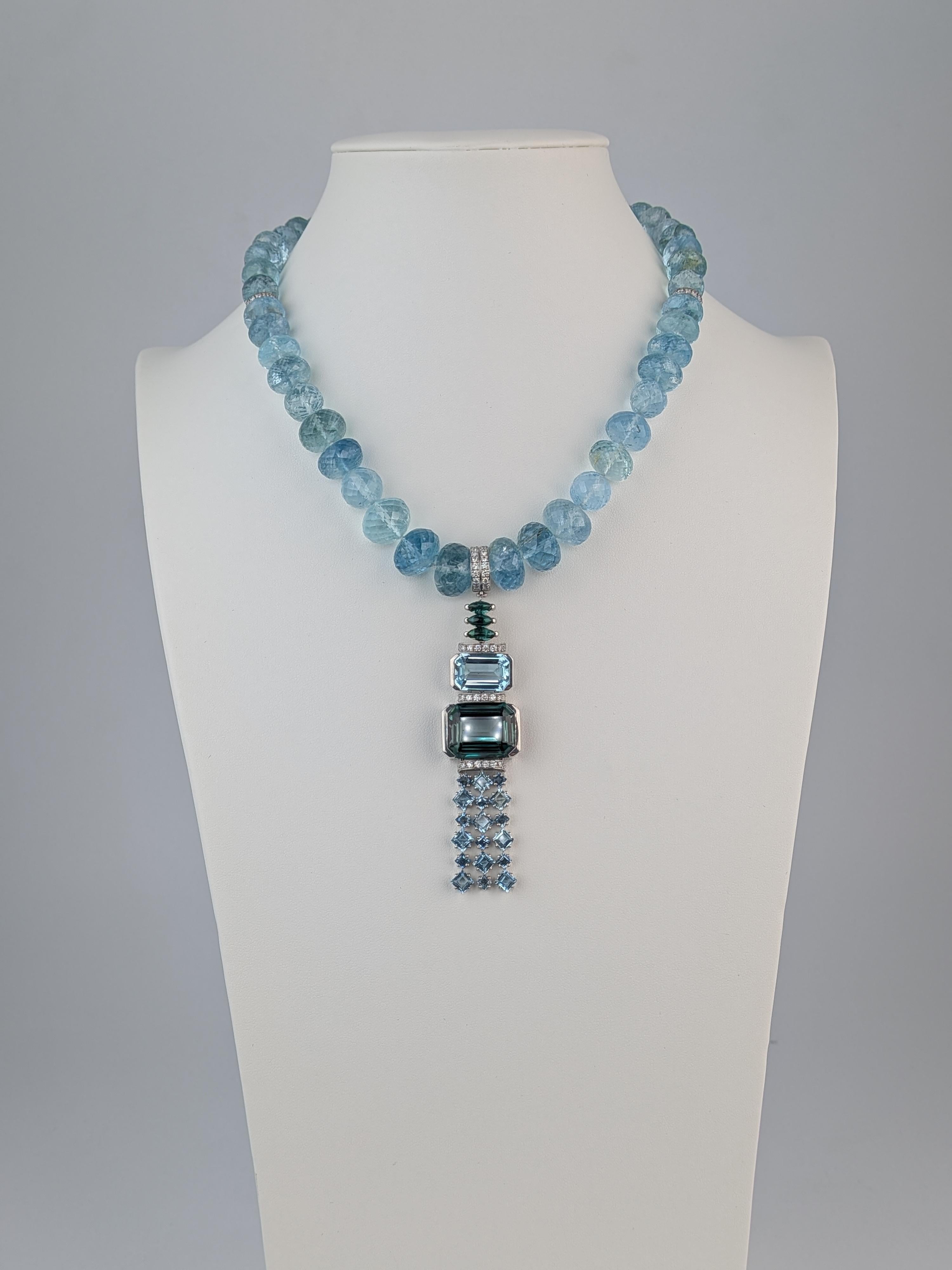 180ct Aquamarine Mala Necklace with Green Tourmaline Platinum Collier  MXHM For Sale 14