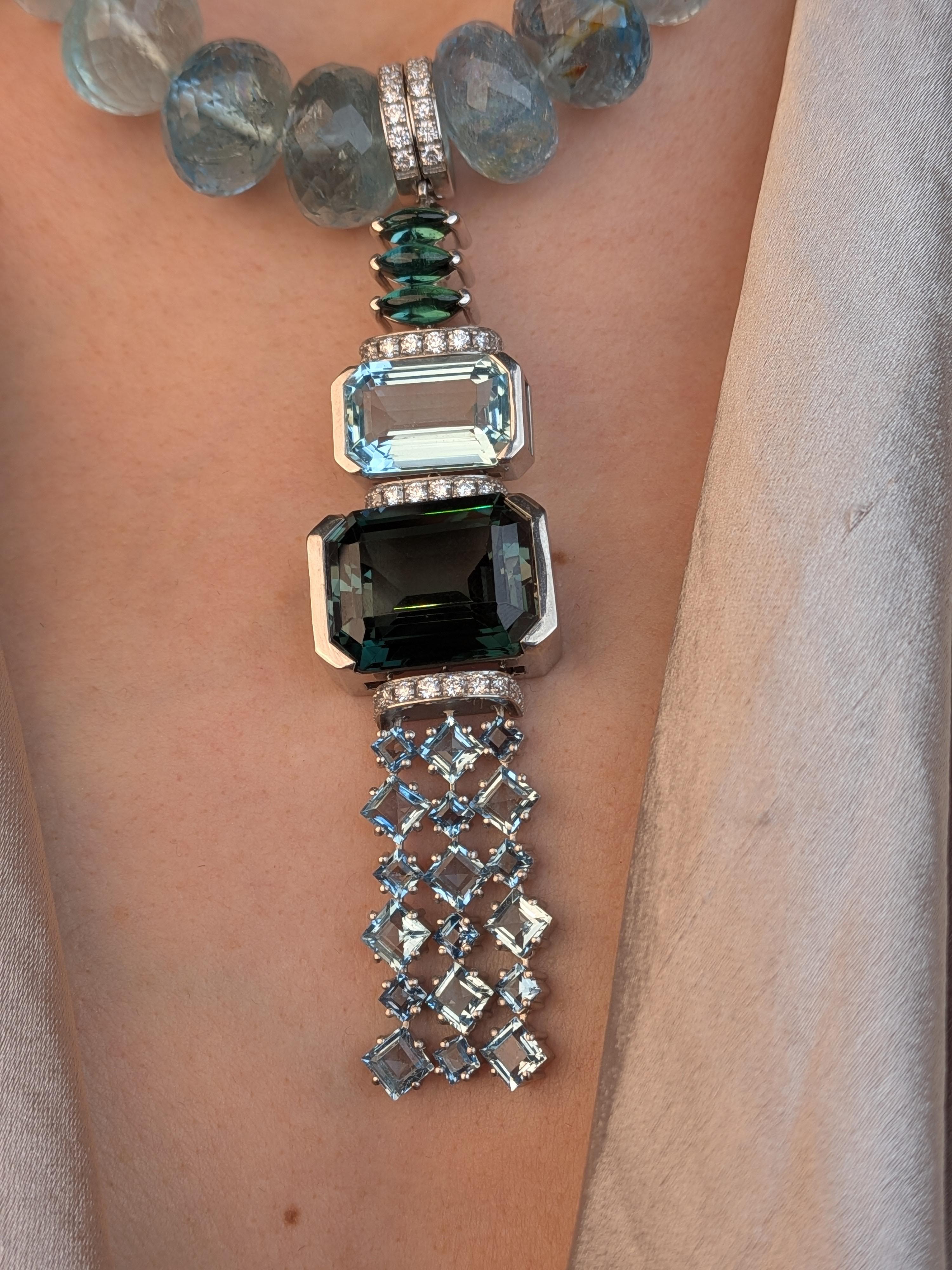 180ct Aquamarine Mala Necklace with Green Tourmaline Platinum Collier  MXHM In New Condition For Sale In München, DE