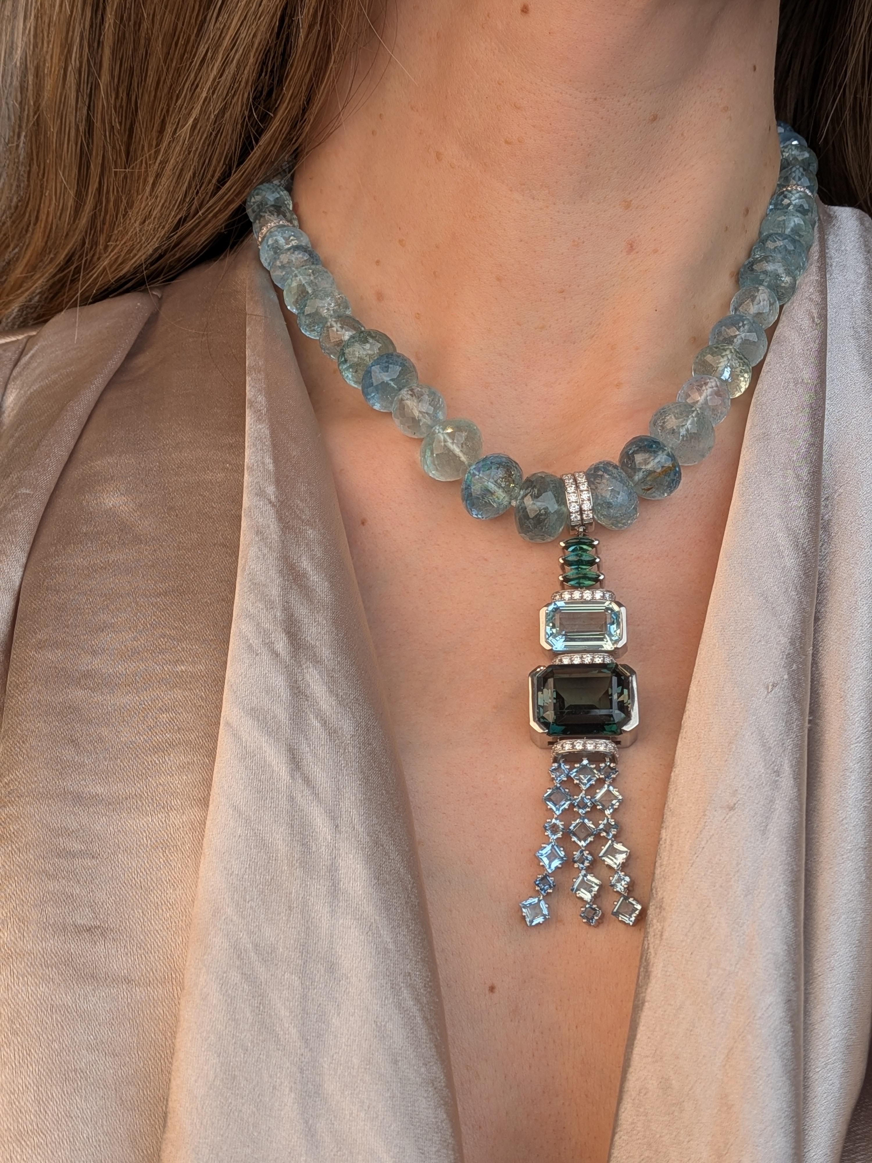 Women's or Men's 180ct Aquamarine Mala Necklace with Green Tourmaline Platinum Collier  MXHM For Sale
