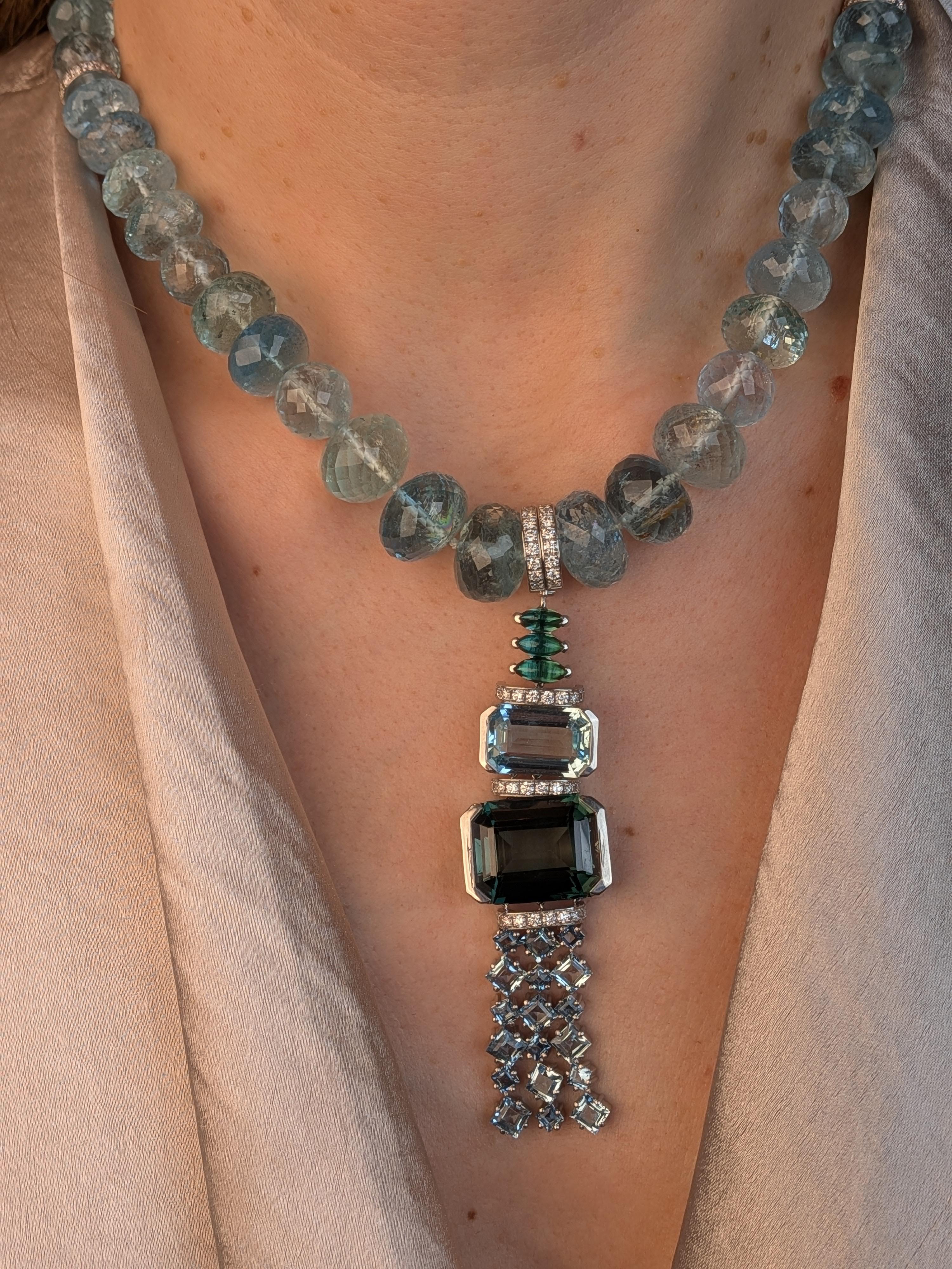 180ct Aquamarine Mala Necklace with Green Tourmaline Platinum Collier  MXHM For Sale 1