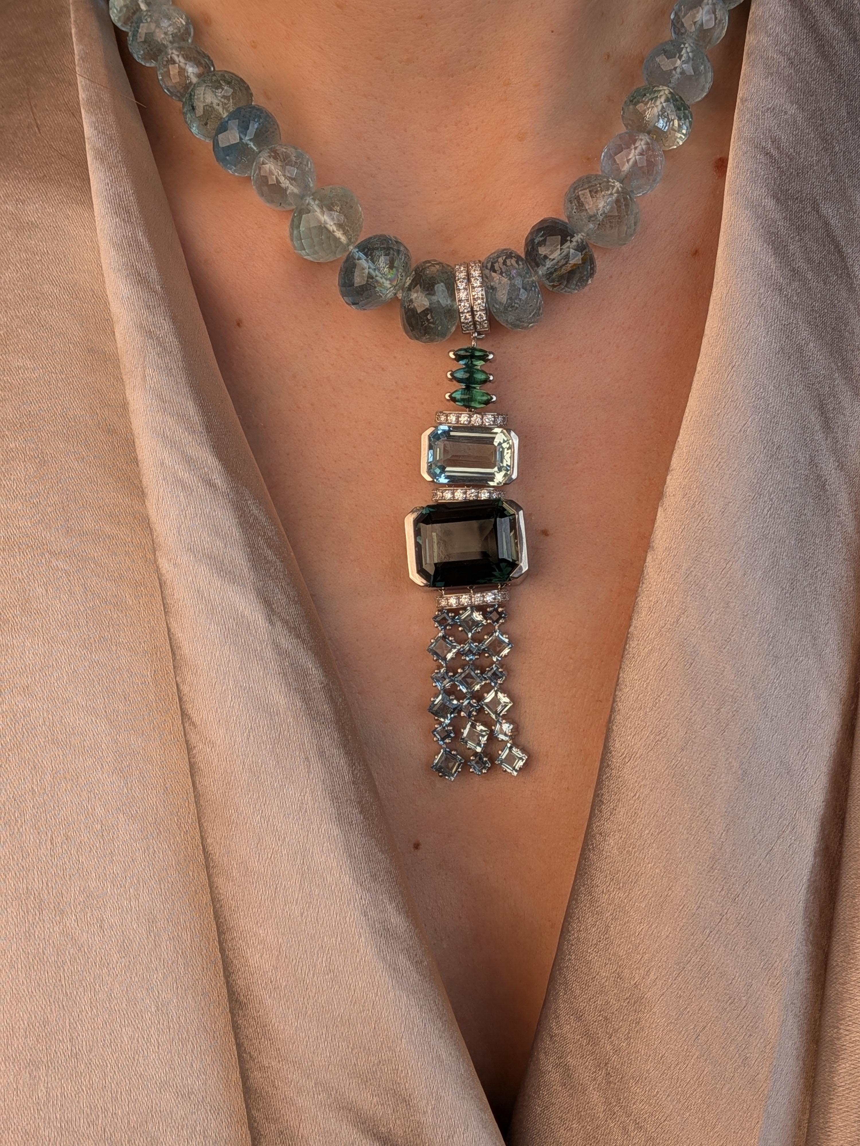 180ct Aquamarine Mala Necklace with Green Tourmaline Platinum Collier  MXHM For Sale 2