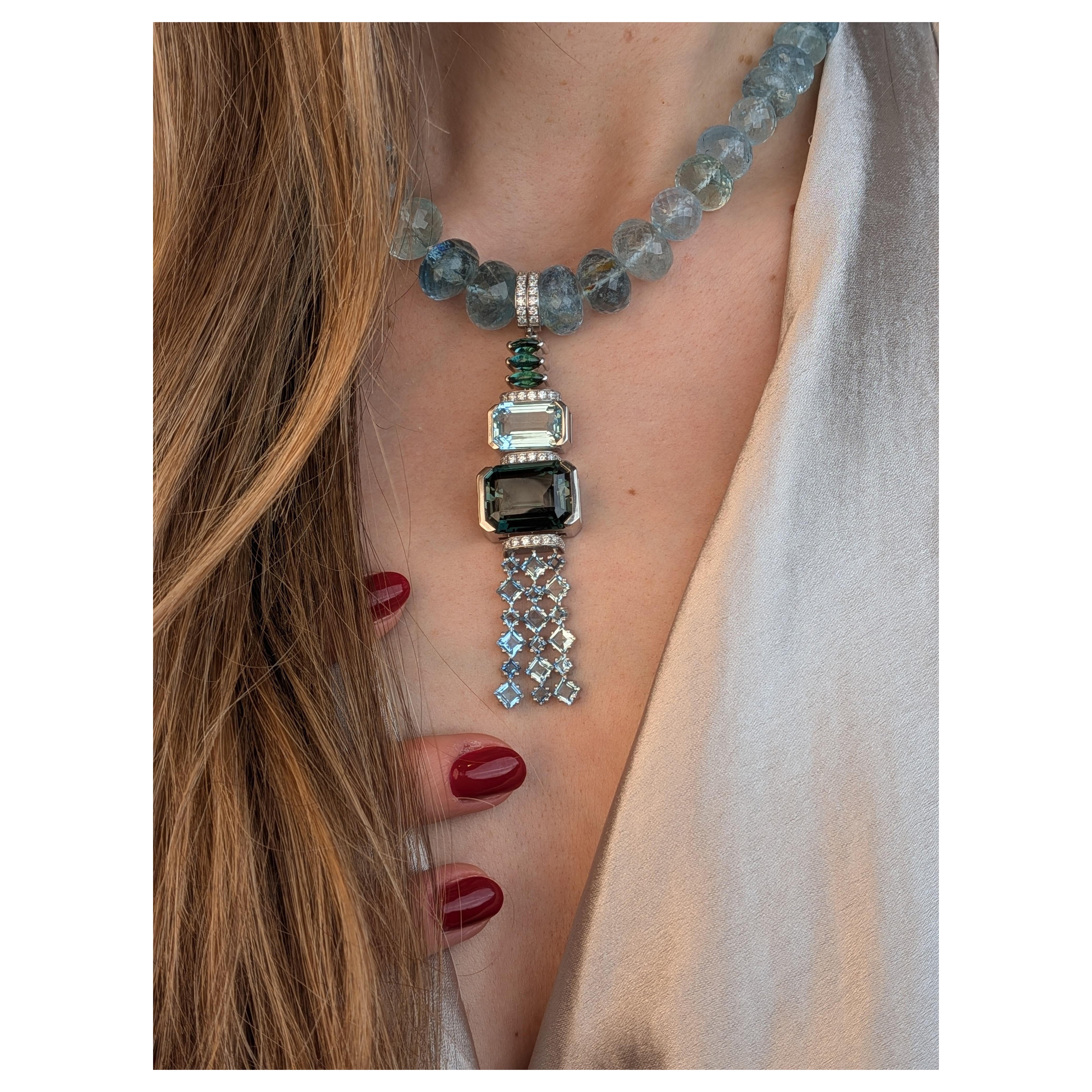 180ct Aquamarine Mala Necklace with Green Tourmaline Platinum Collier  MXHM For Sale