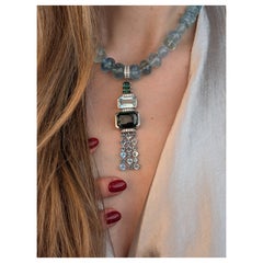 180ct Aquamarine Mala Necklace with Green Tourmaline Platinum Collier  MXHM