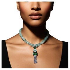 180ct Aquamarine Mala Necklace with Green Tourmaline Platinum Collier  MXHM