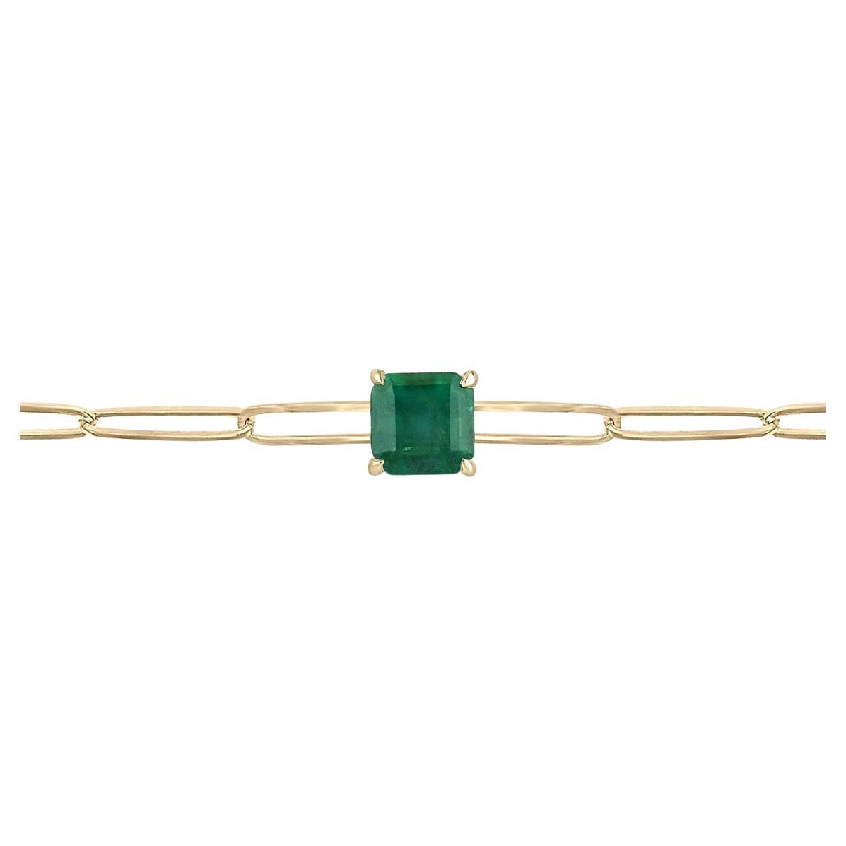 1.80ct Asscher Cut Emerald Solitaire Bracelet – 14K Gold Paperclip Design For Sale