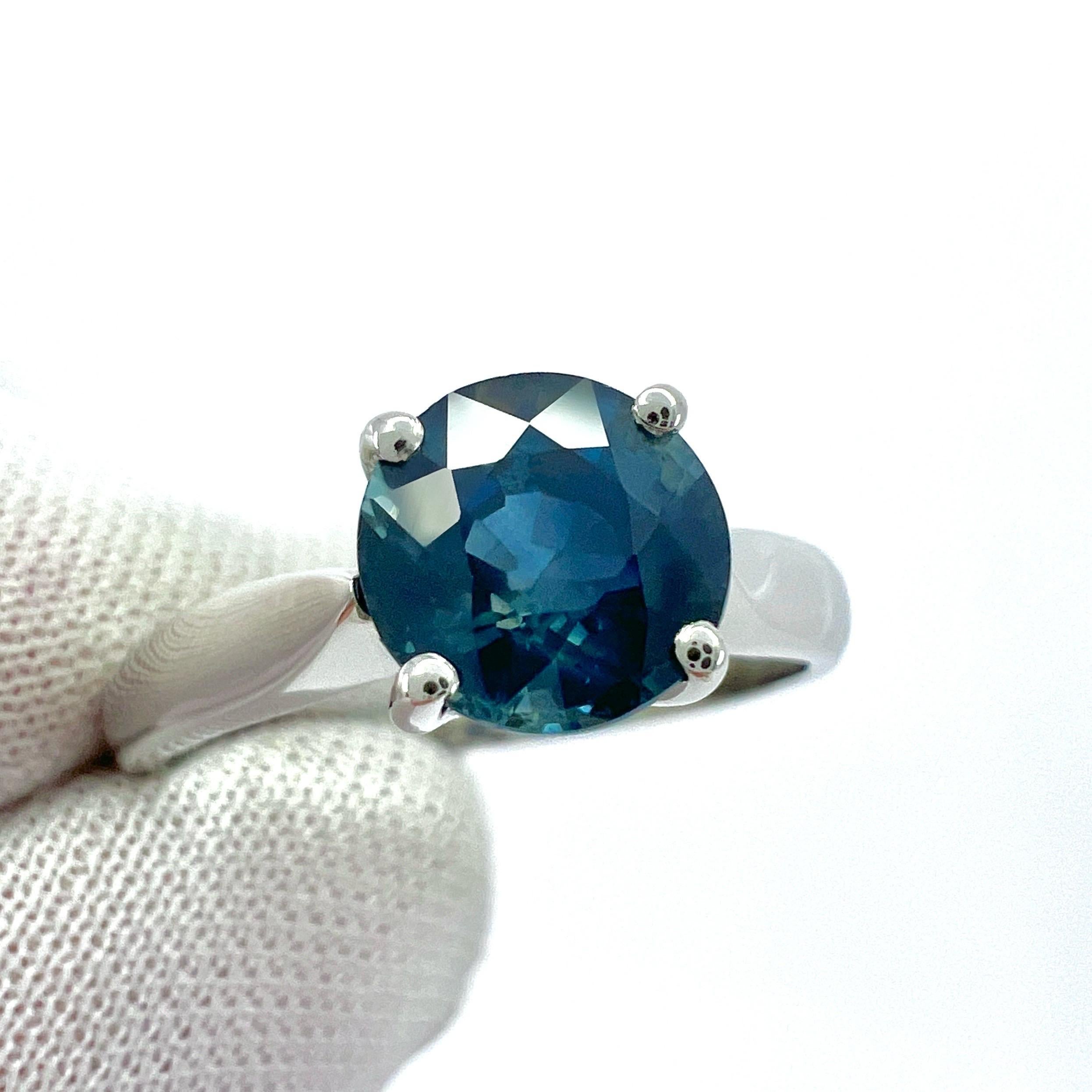 1.80ct Deep Green Blue Teal Sapphire 7mm Round Cut 950 Platinum Solitaire Ring In New Condition For Sale In Birmingham, GB
