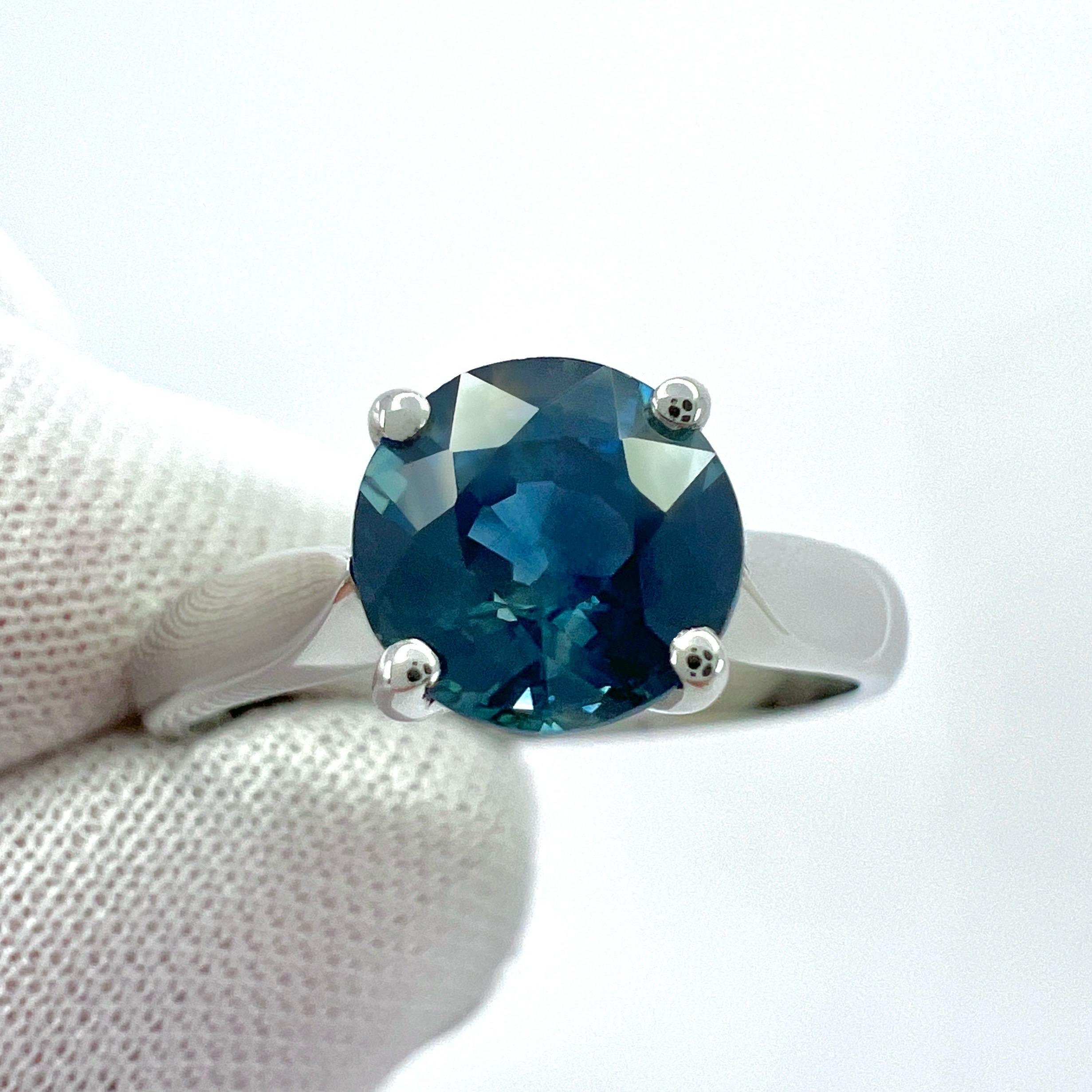 Women's 1.80ct Deep Green Blue Teal Sapphire 7mm Round Cut 950 Platinum Solitaire Ring For Sale
