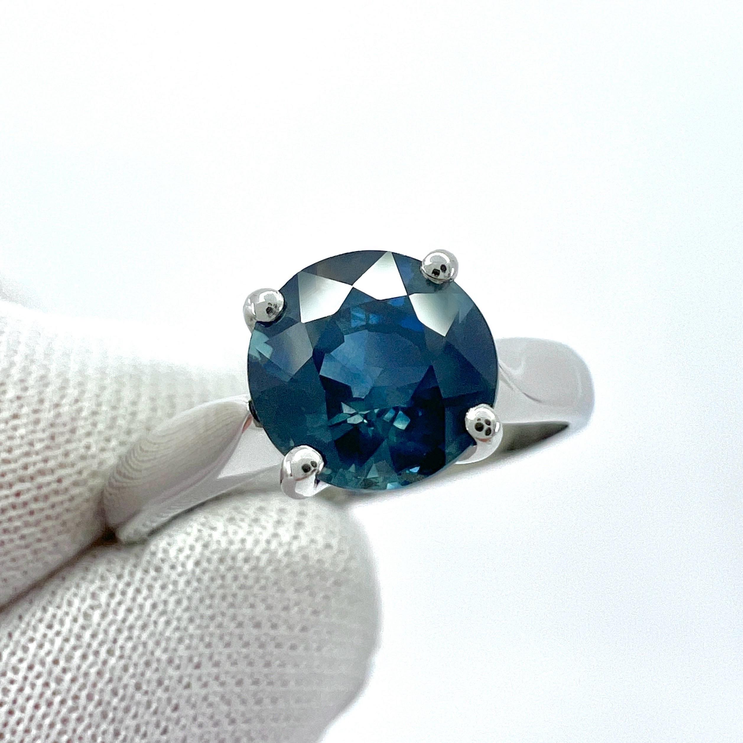 1.80ct Deep Green Blue Teal Sapphire 7mm Round Cut 950 Platinum Solitaire Ring For Sale 1