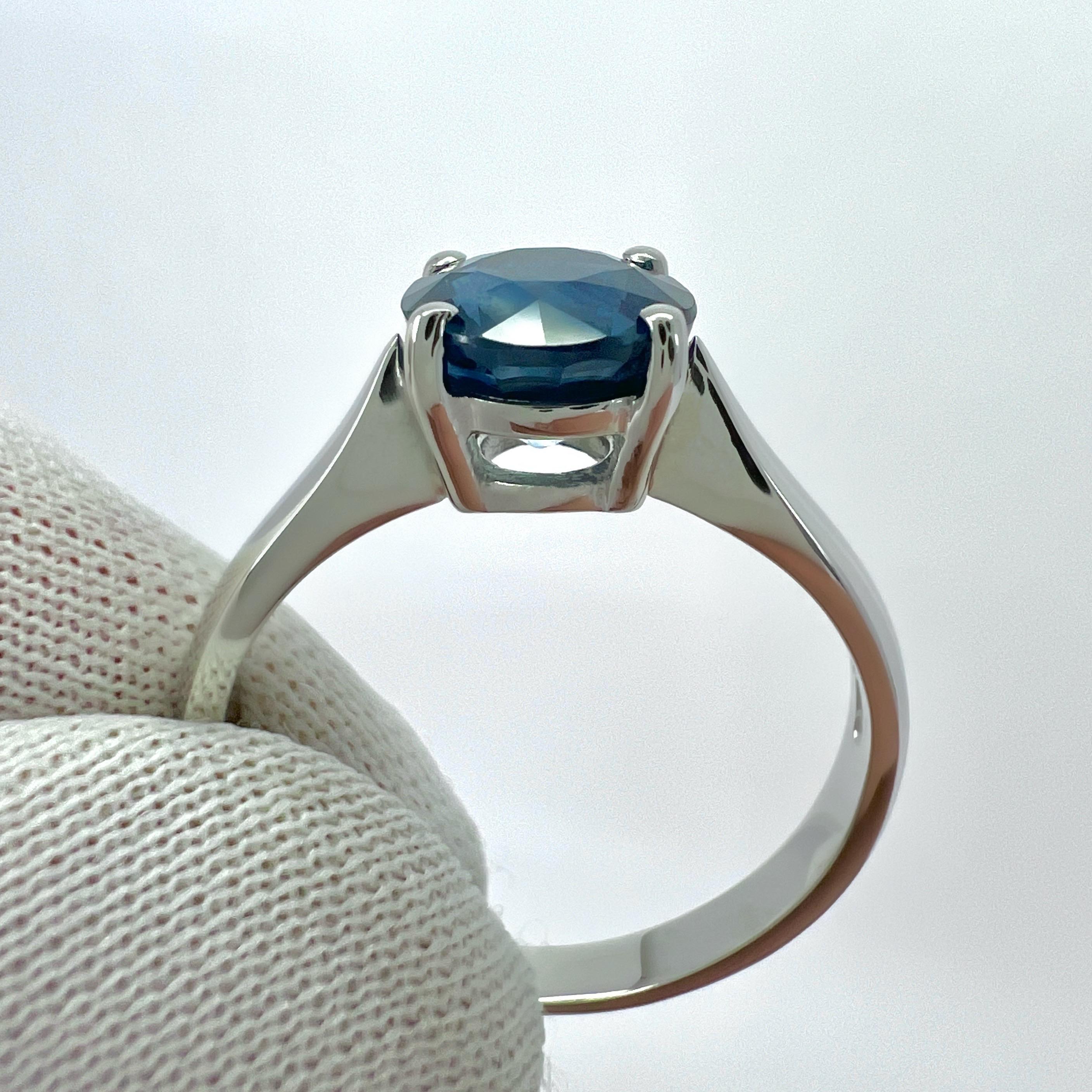 1.80ct Deep Green Blue Teal Sapphire 7mm Round Cut 950 Platinum Solitaire Ring For Sale 2
