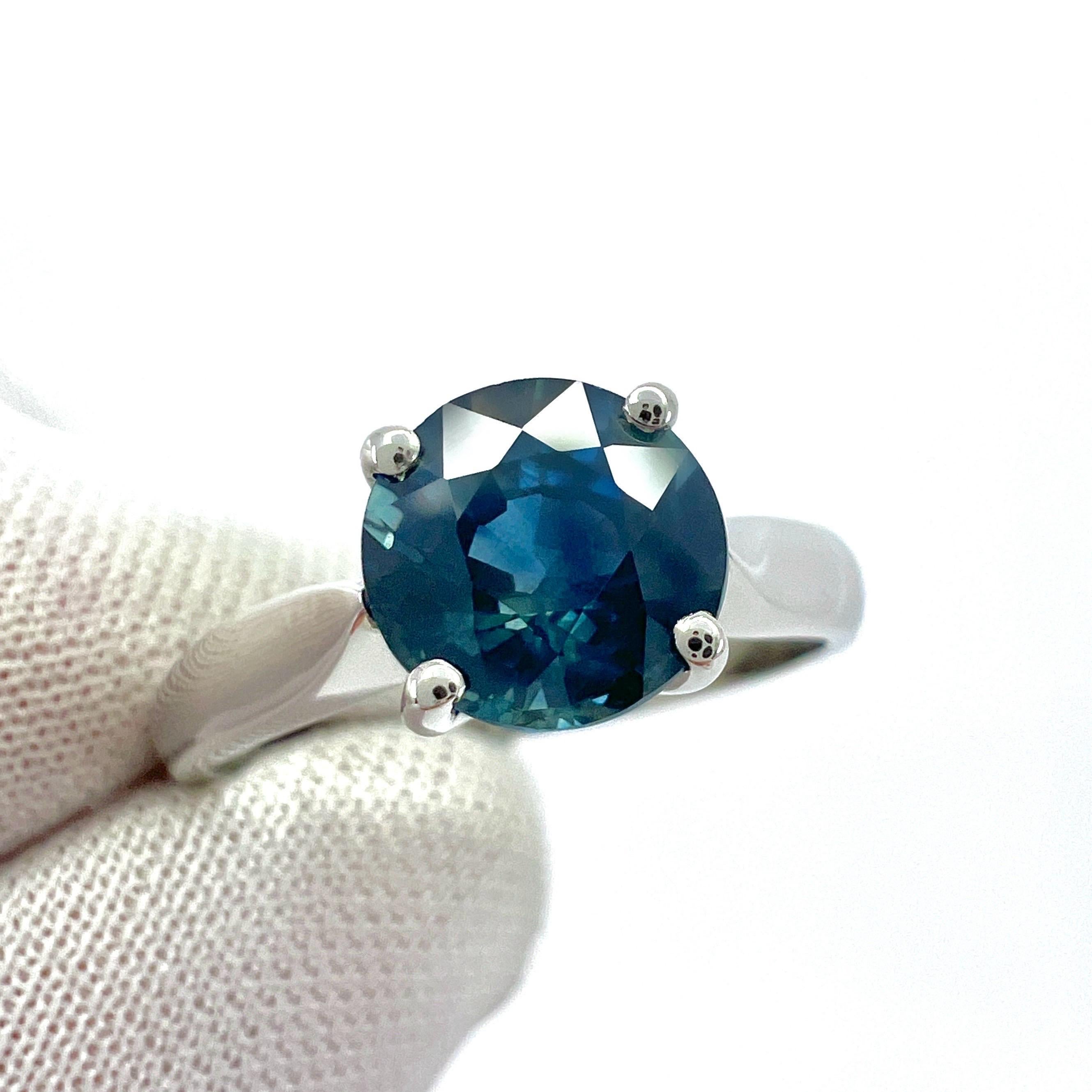 1.80ct Deep Green Blue Teal Sapphire 7mm Round Cut 950 Platinum Solitaire Ring For Sale 3
