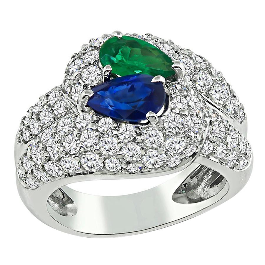 1.80ct Diamond 0.90ct Sapphire 0.75ct Emerald Ring For Sale