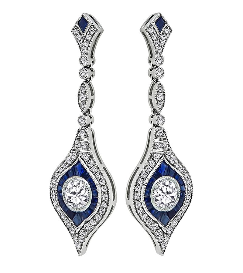 Round Cut 1.80ct Diamond 1.00ct Sapphire Dangling Earrings For Sale