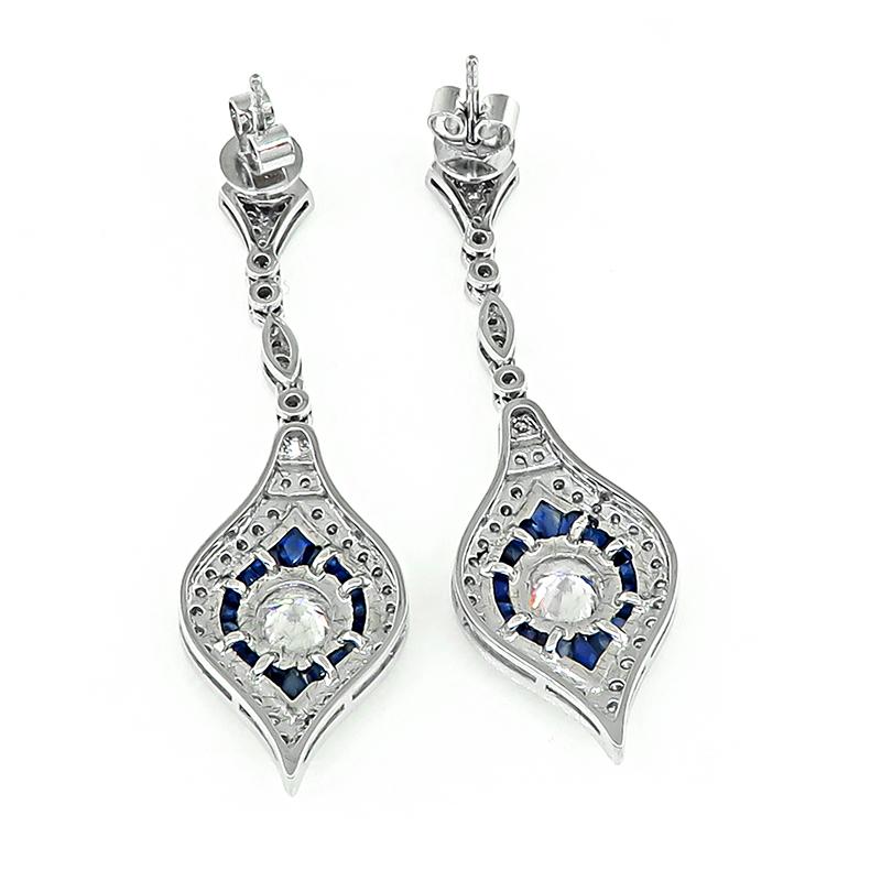 1.80ct Diamond 1.00ct Sapphire Dangling Earrings In Good Condition For Sale In New York, NY