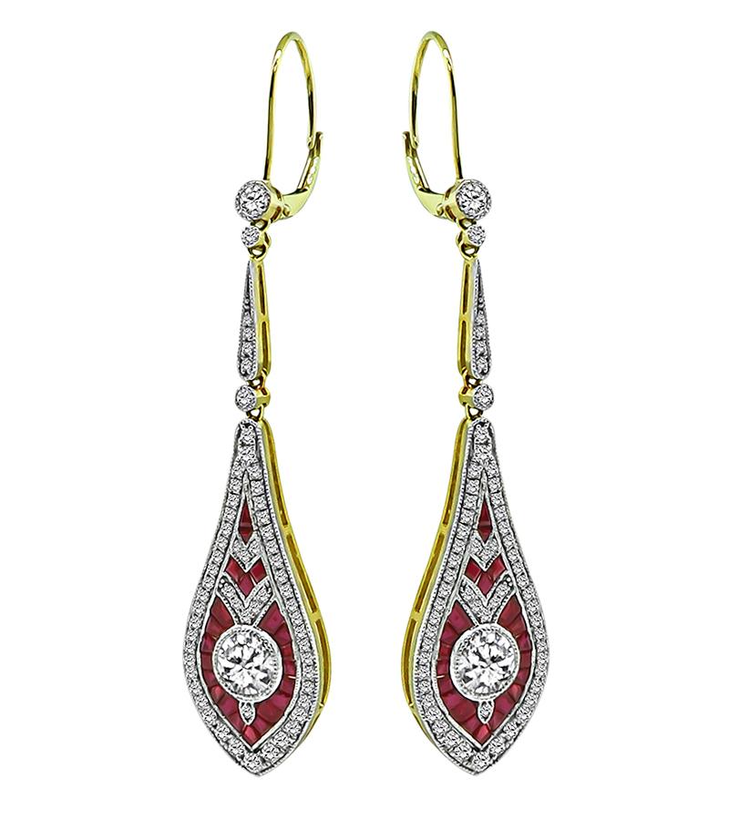 Round Cut 1.80ct Diamond 1.50ct Ruby Gold Drop Earrings For Sale