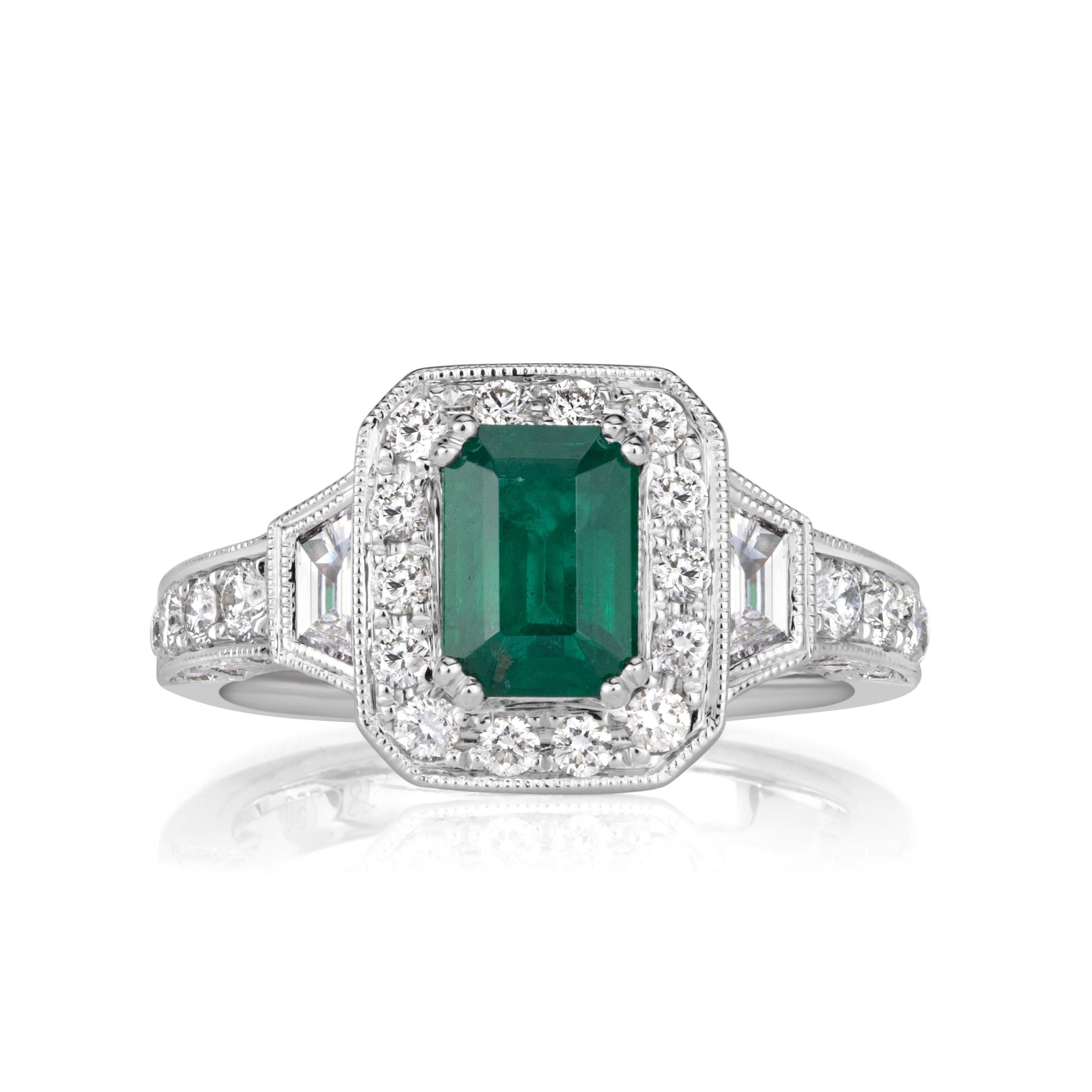 1.80ct Emerald Cut Green Emerald Engagement Ring For Sale